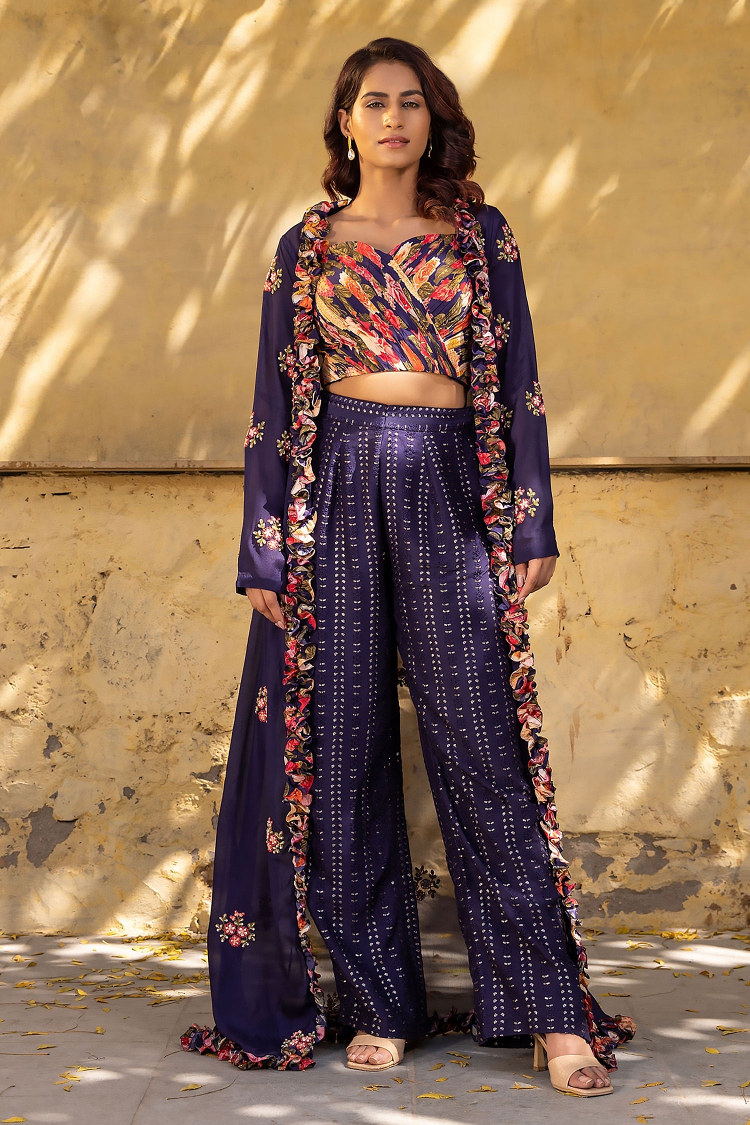 Buy Purple Embroidery Floral Crop Top Jacket And Pant Set