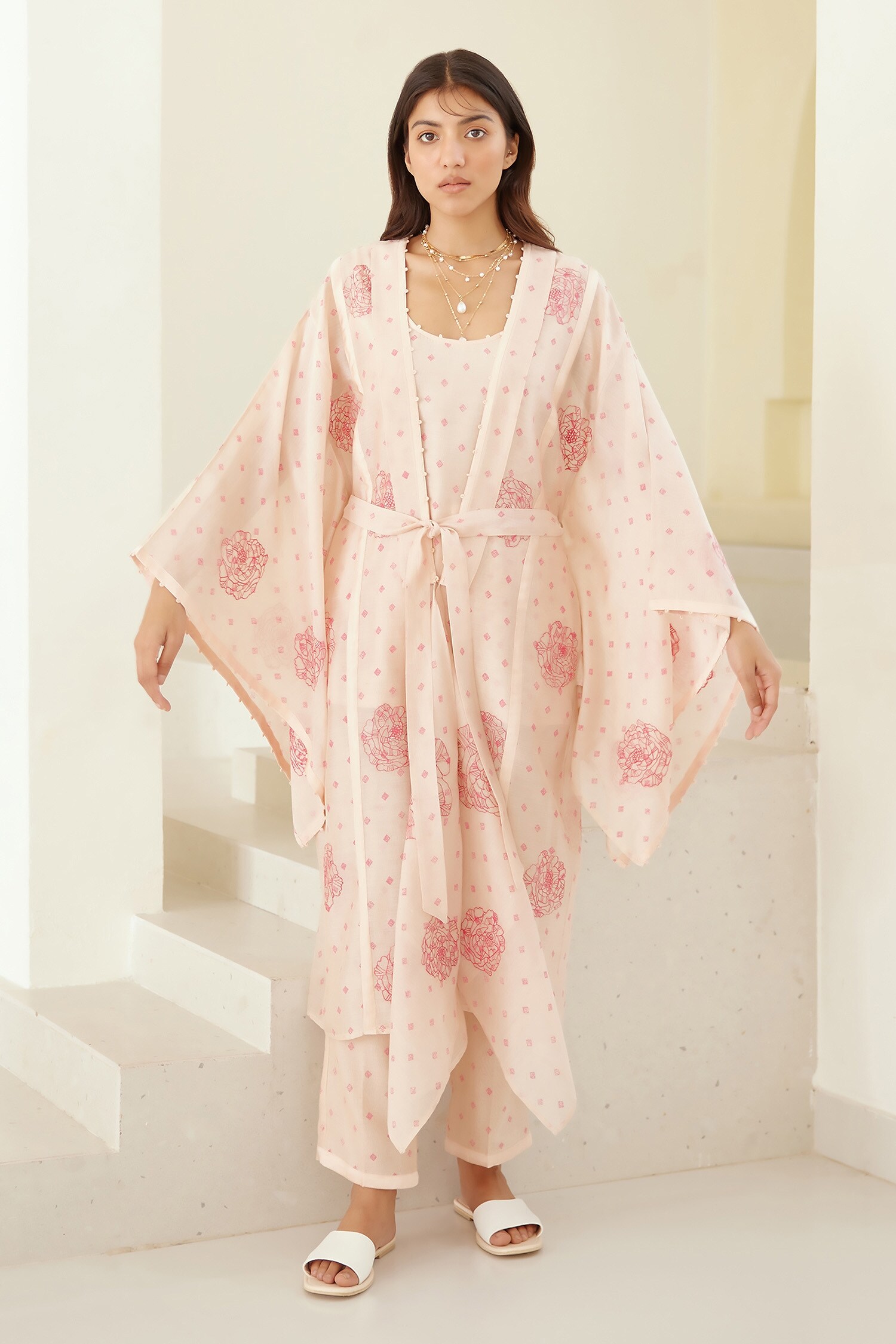 Buy Pink Modal Hand Block Printed Thread Inner Top Long Kimono Trouser ...