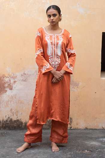 Orange Cotton Silk Embroidered Asymmetric Kurta Pant With Choker Dupatta Set