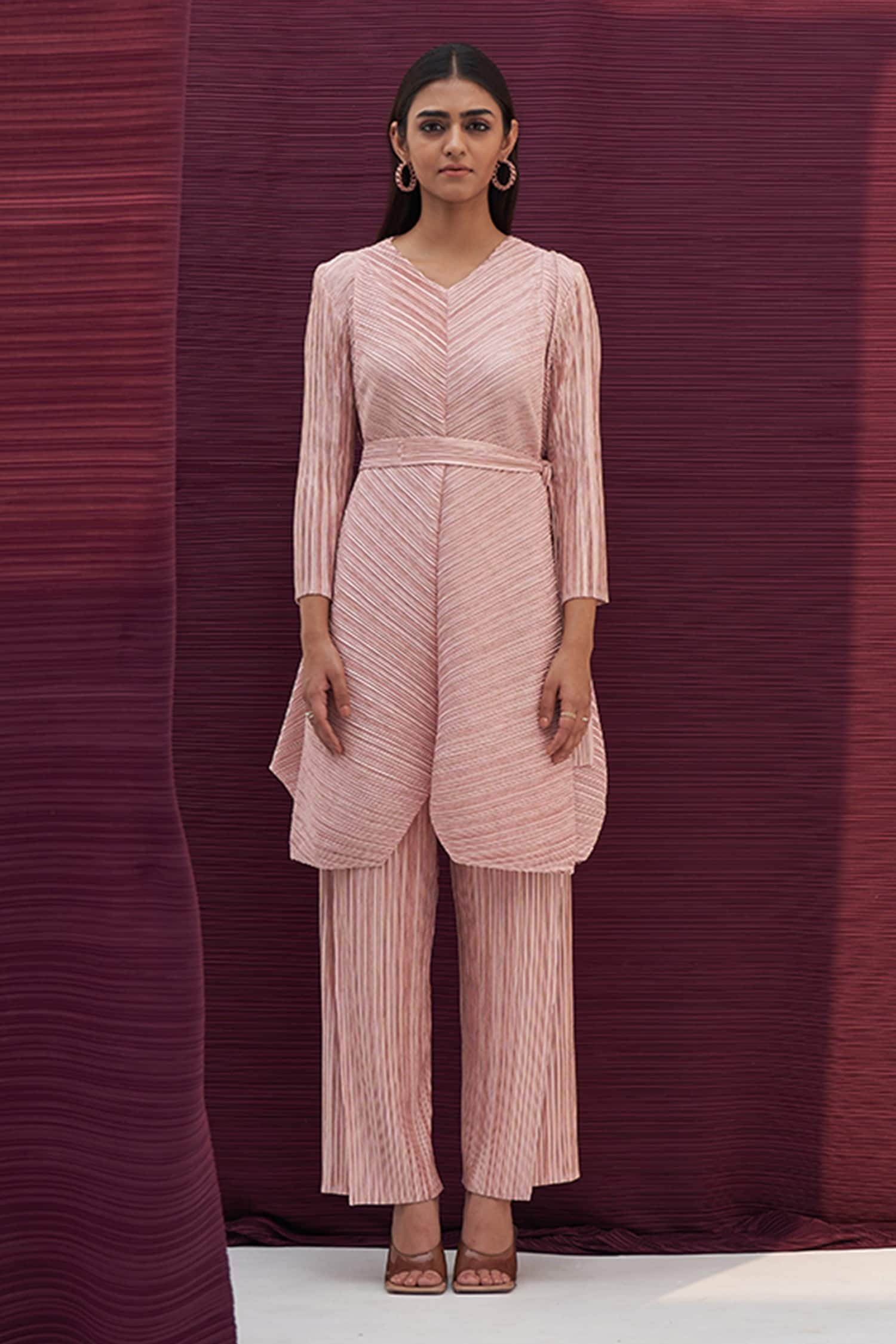 Buy Pleats By Aruni Pink Polyester Metallic Pleated V Neck Long Top And