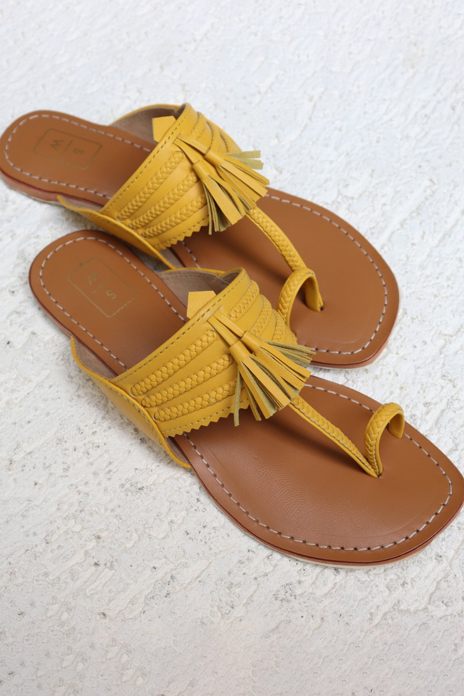 Sandalwali Yellow Leather Braided Kolhapuri Sandals