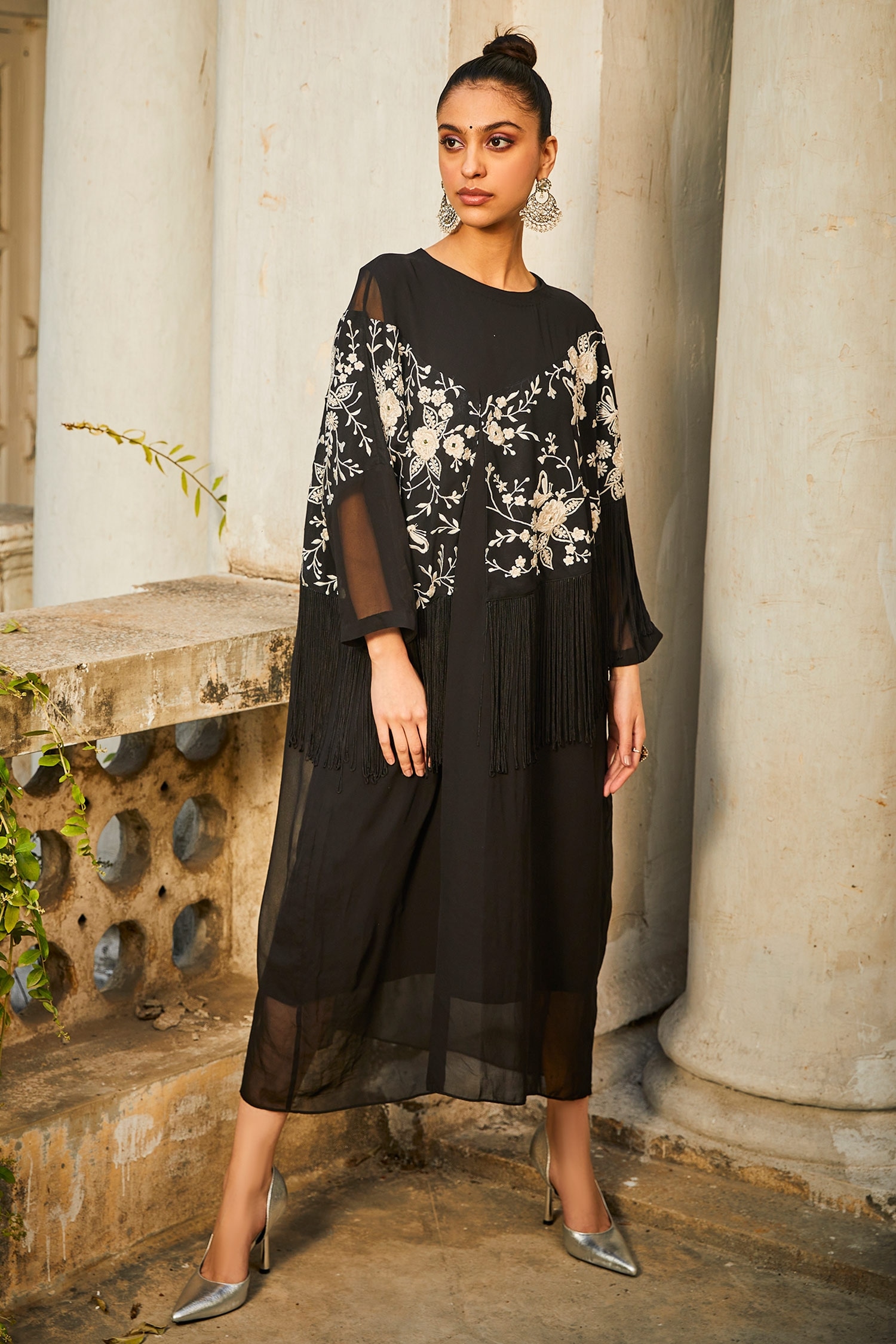 Buy Twenty Nine Black Georgette Embroidered Fringe Kaftan Online | Aza ...