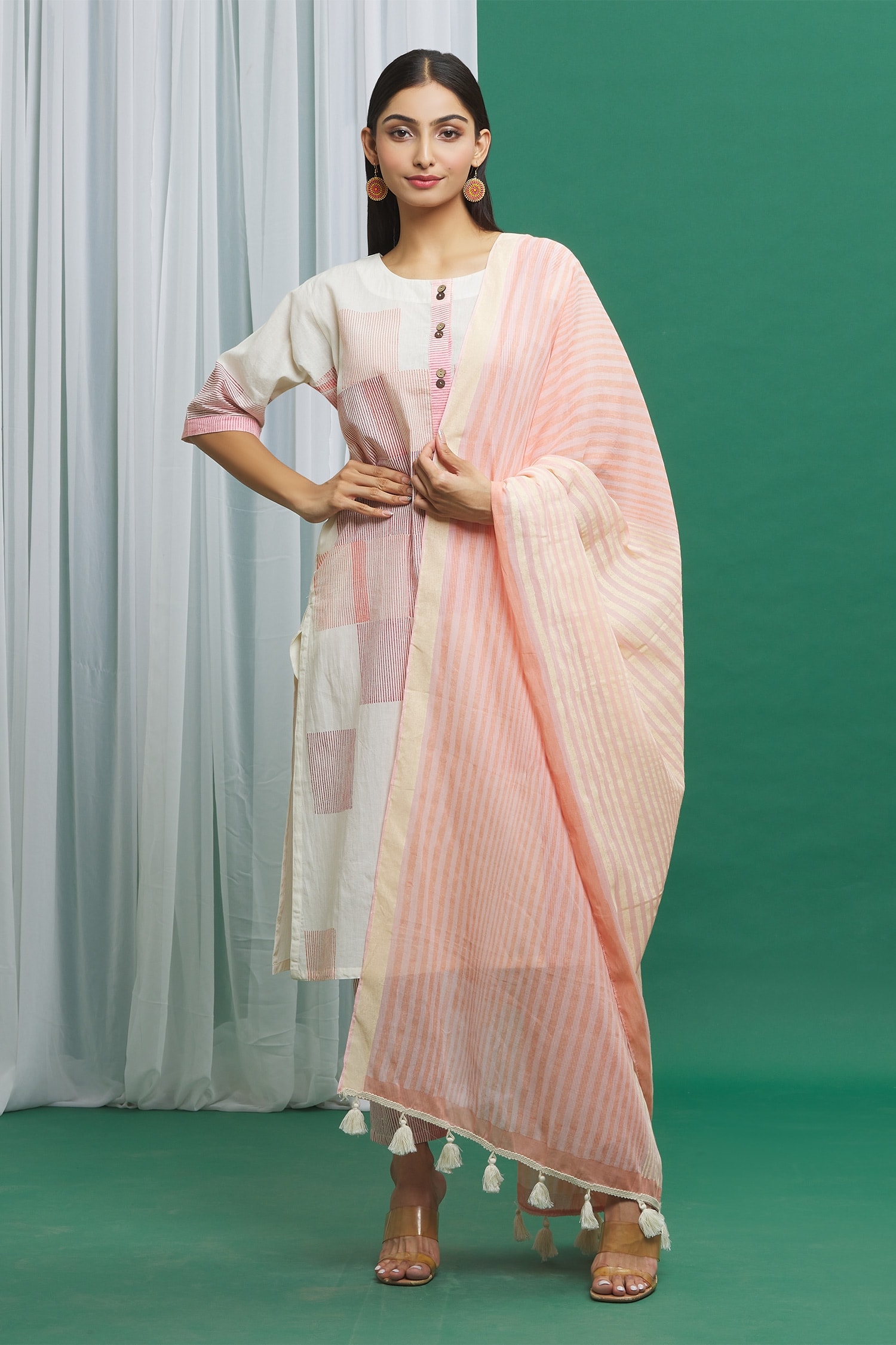 Buy Pink Cotton Printed Stripe Tassel Border Dupatta For Women by