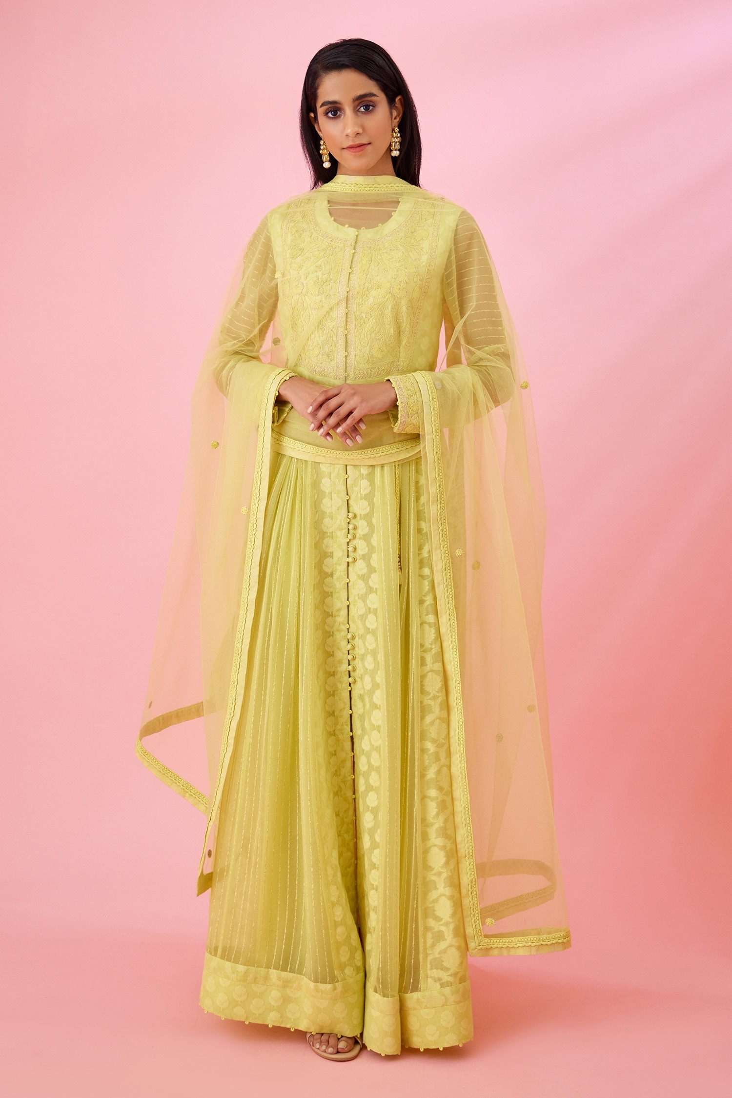 Shyam Narayan Prasad Yellow Modal Satin Floral Patchwork Anarkali Set