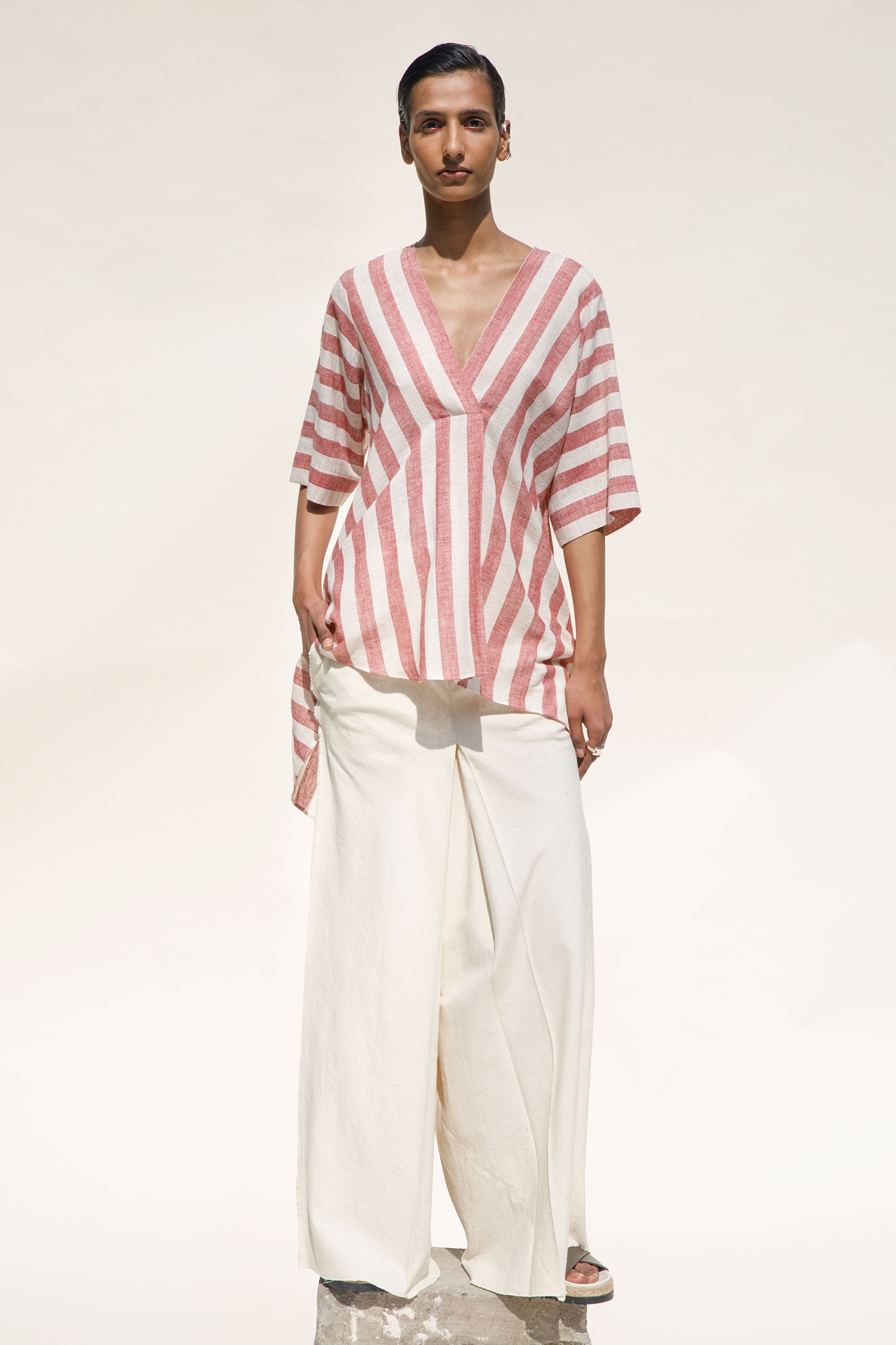 Urvashi Kaur Red Hand Spun Cotton Palmera Stripe Pattern Top