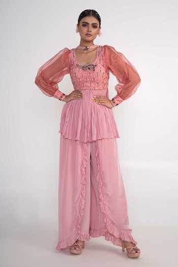 Onion Pink Hand-Embroidered Designer Kurta Set with Pant & Dupatta main image 1