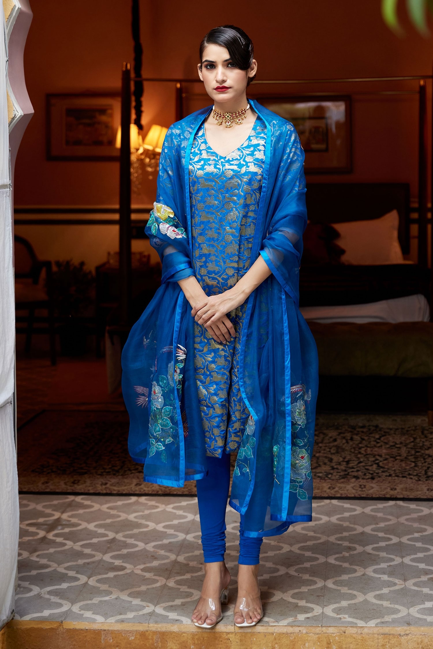 Buy Blue Kurta Banarasi Brocade Embroidery Floral V Neck Churidar Set
