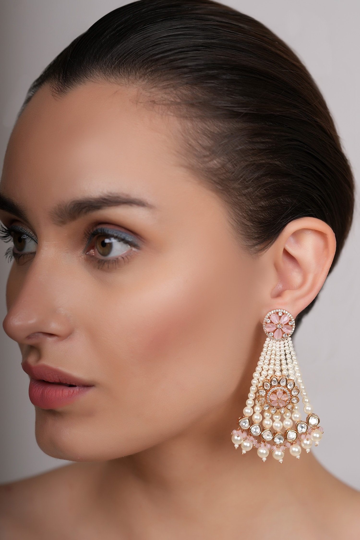 Buy Pink Stones Alani Pearl Waterfall Earrings by Ekathva Jaipur Online 