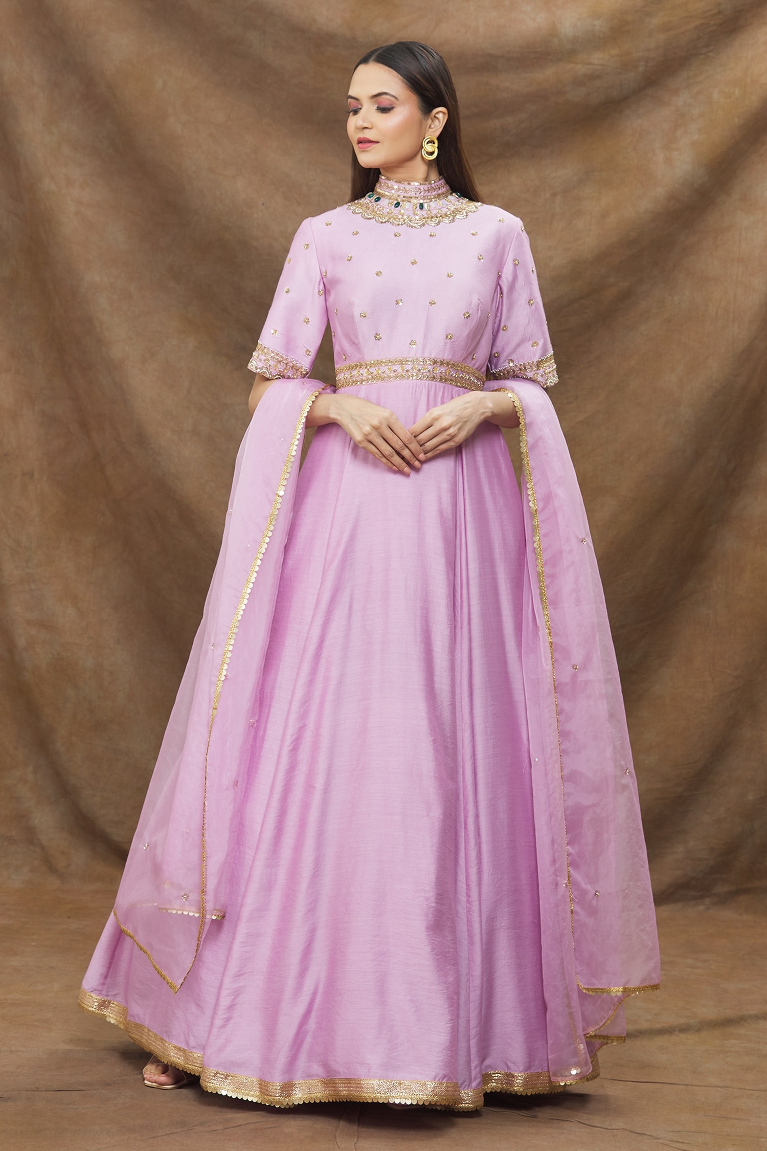 Buy Purple Silk Chanderi Embroidery Dabka Jewelled Gown With Dupatta