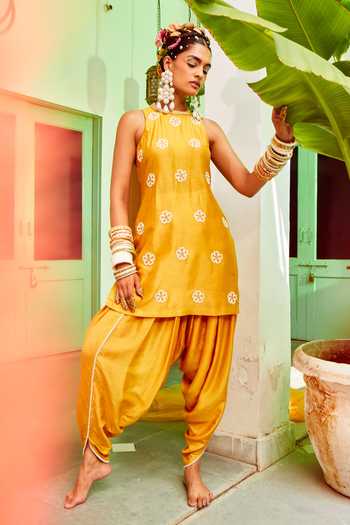 Yellow Banarasi Floral Kurta Pant Set with Pearl Straps main image 1