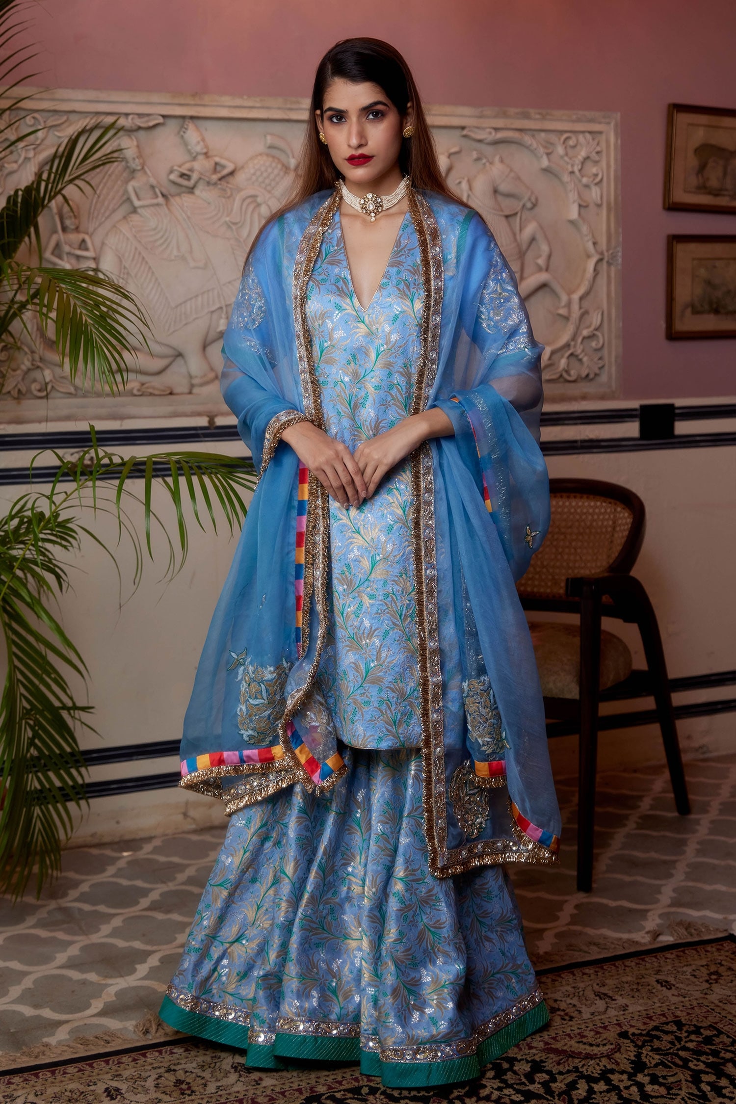 Buy Blue Kurta And Gharara Brocade Embroidery Kiran & Floral Pattern ...