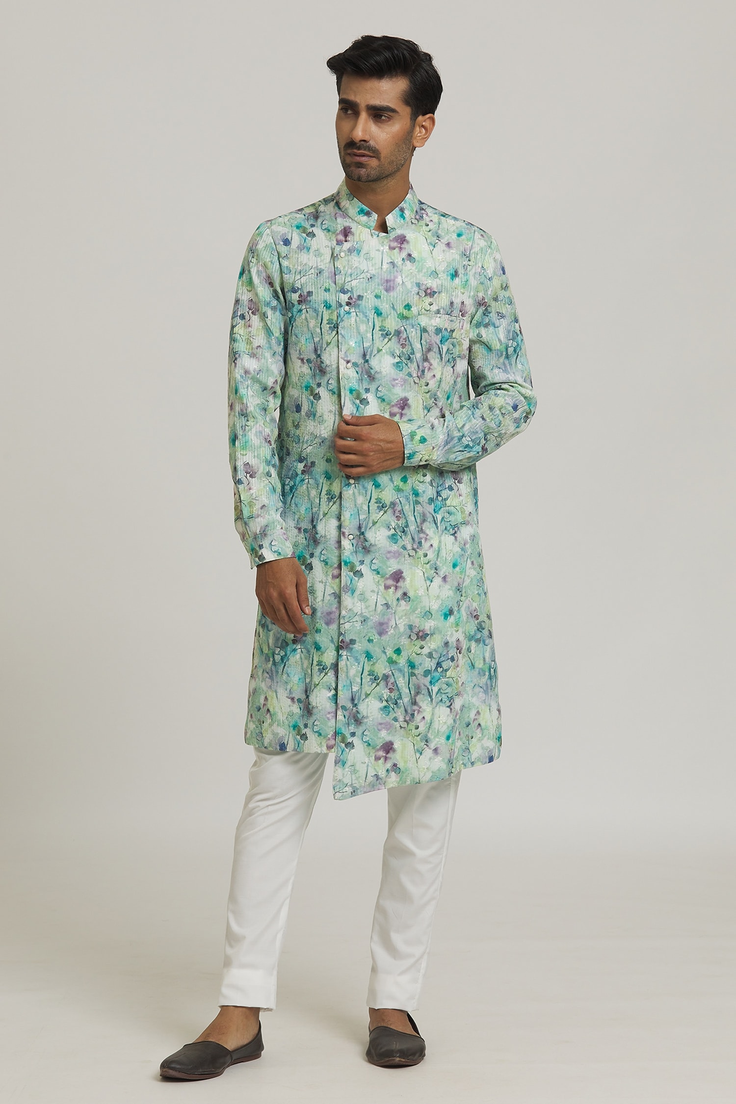 Nero by Shaifali and Satya Green Floral Print Cotton Kurta And Aligadi Pant Set