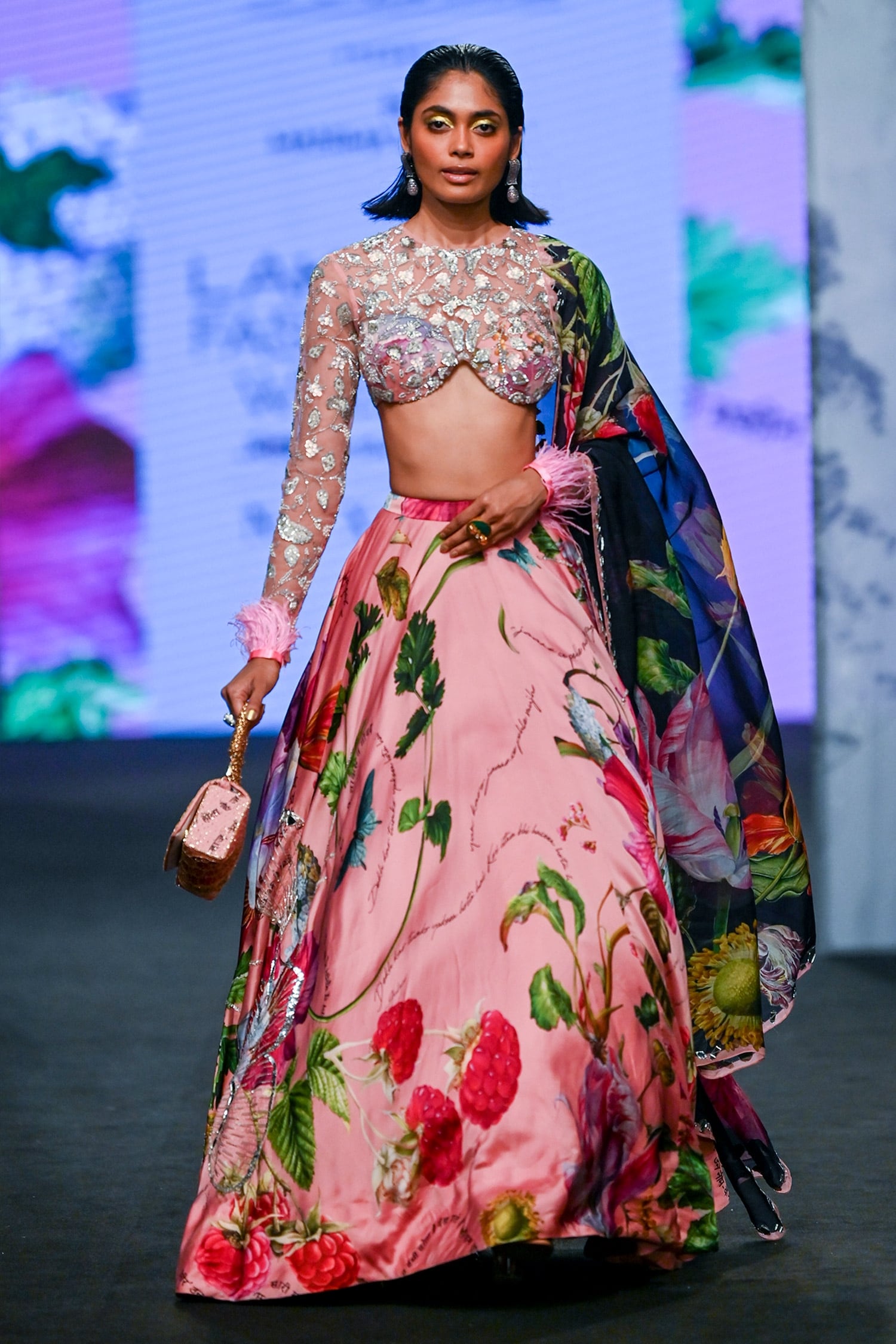 Adorning Peach Floral Printed Banglory Silk Wedding Lehenga