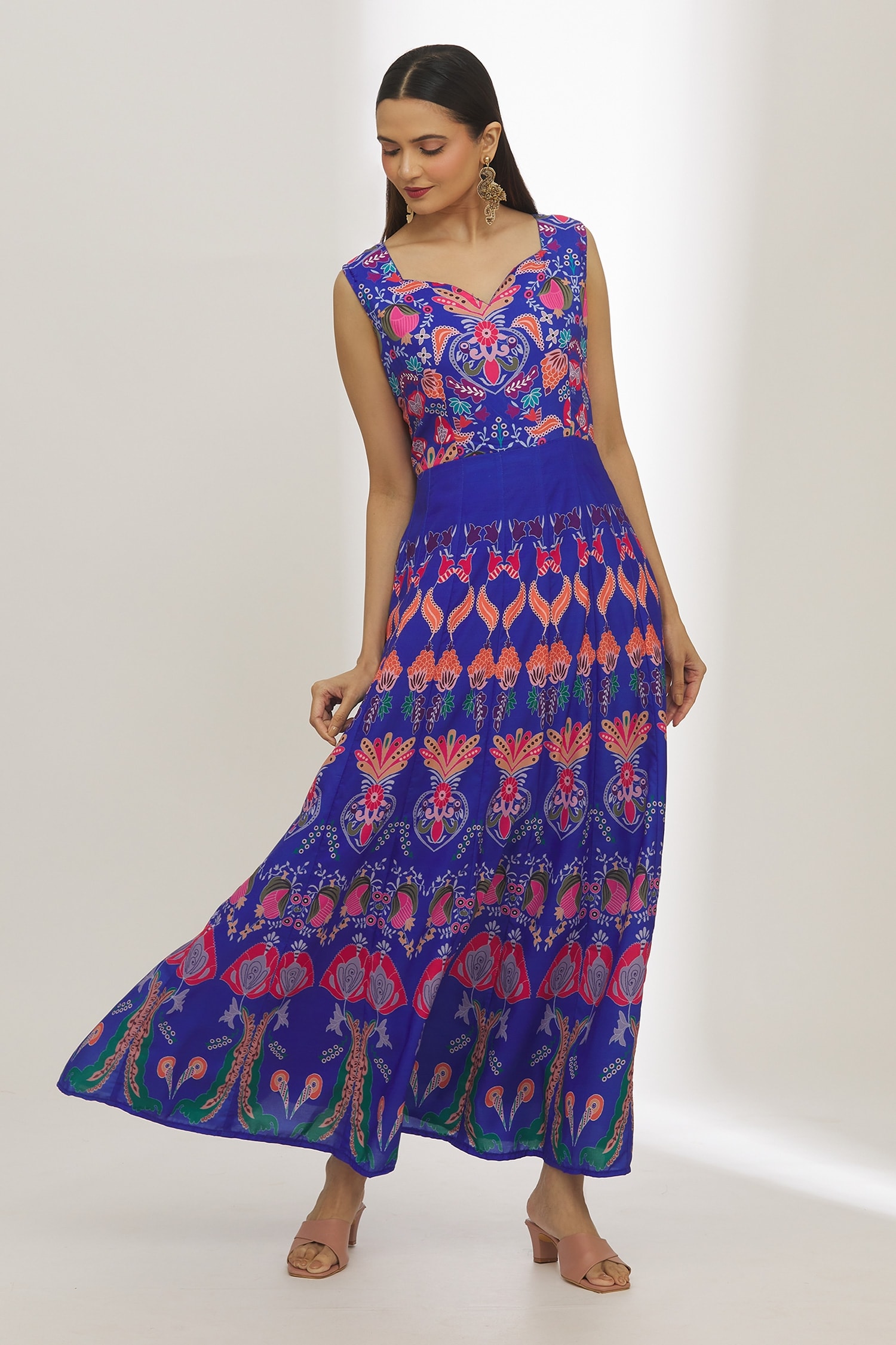 Printed Muslin Cotton Tiered Maxi Dress in Blue