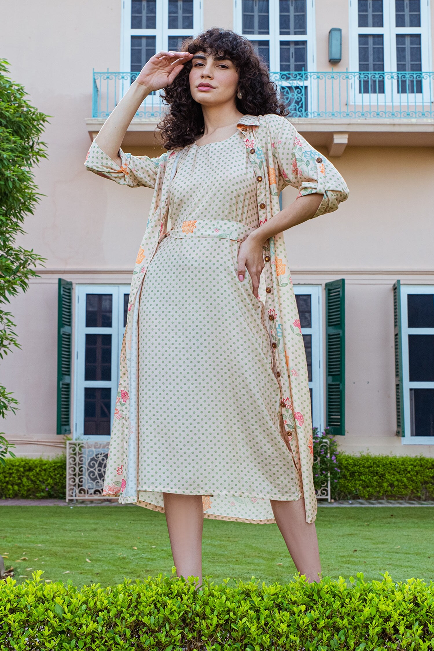 KARAJ JAIPUR Cream Muslin Polka Dot Shirt Collar Print Slip Dress With For Women