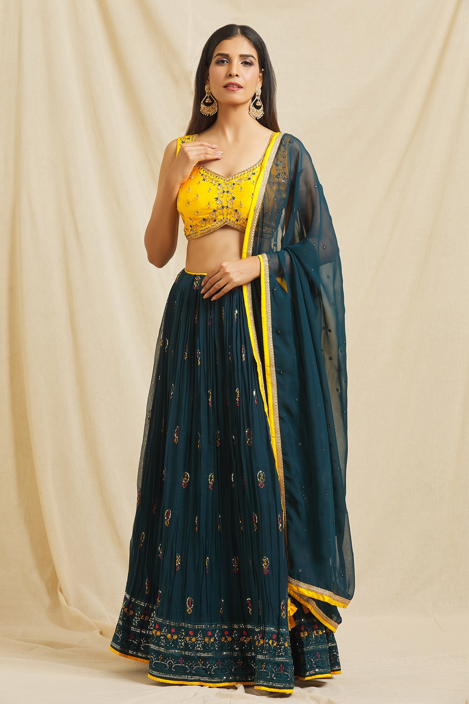 Blue color Lehenga with Yellow color Blouse and Dupatta