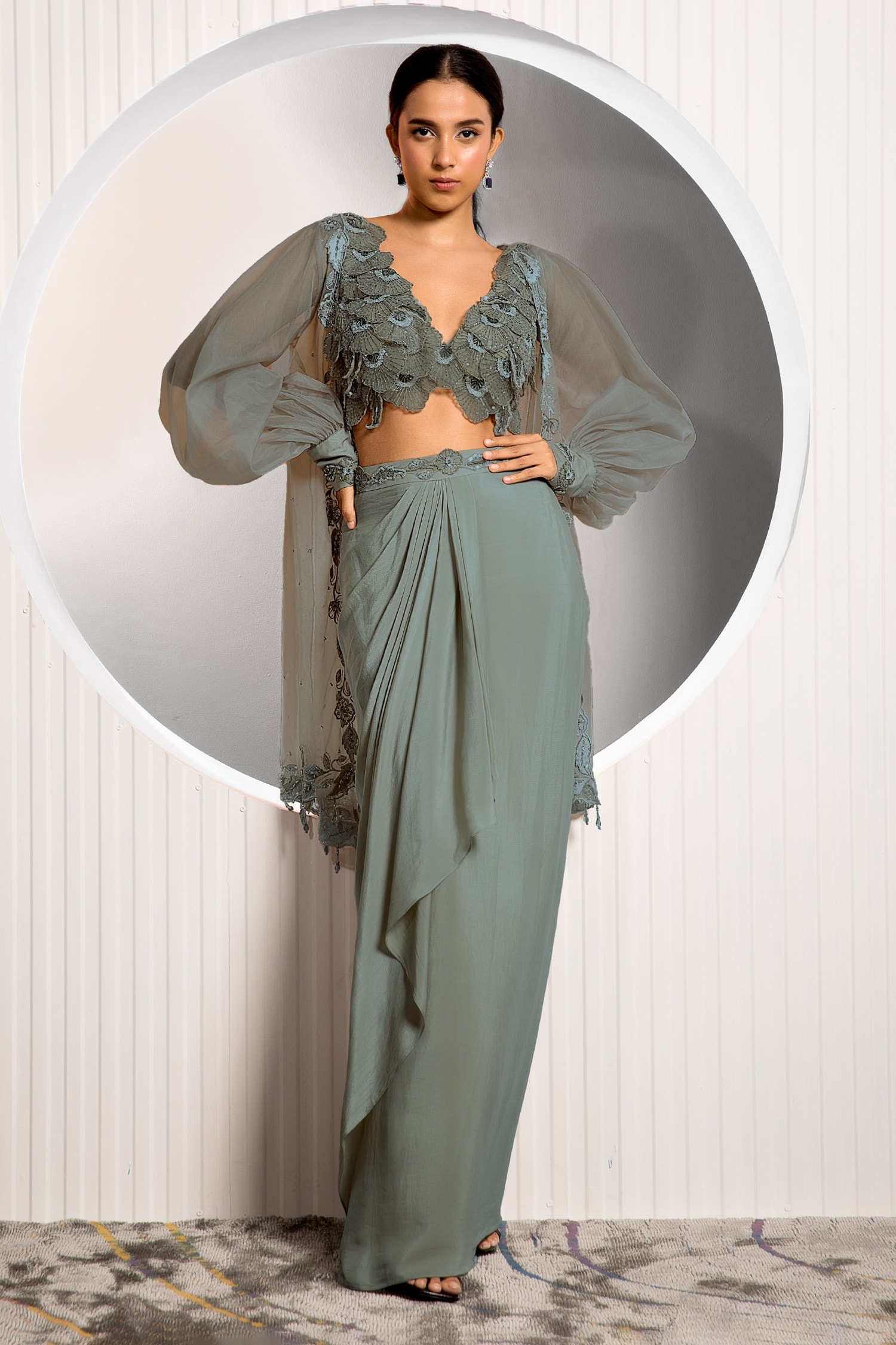 Buy Jade By Ashima Grey Crepe Embroidered Cuff Shrug Draped Skirt Set