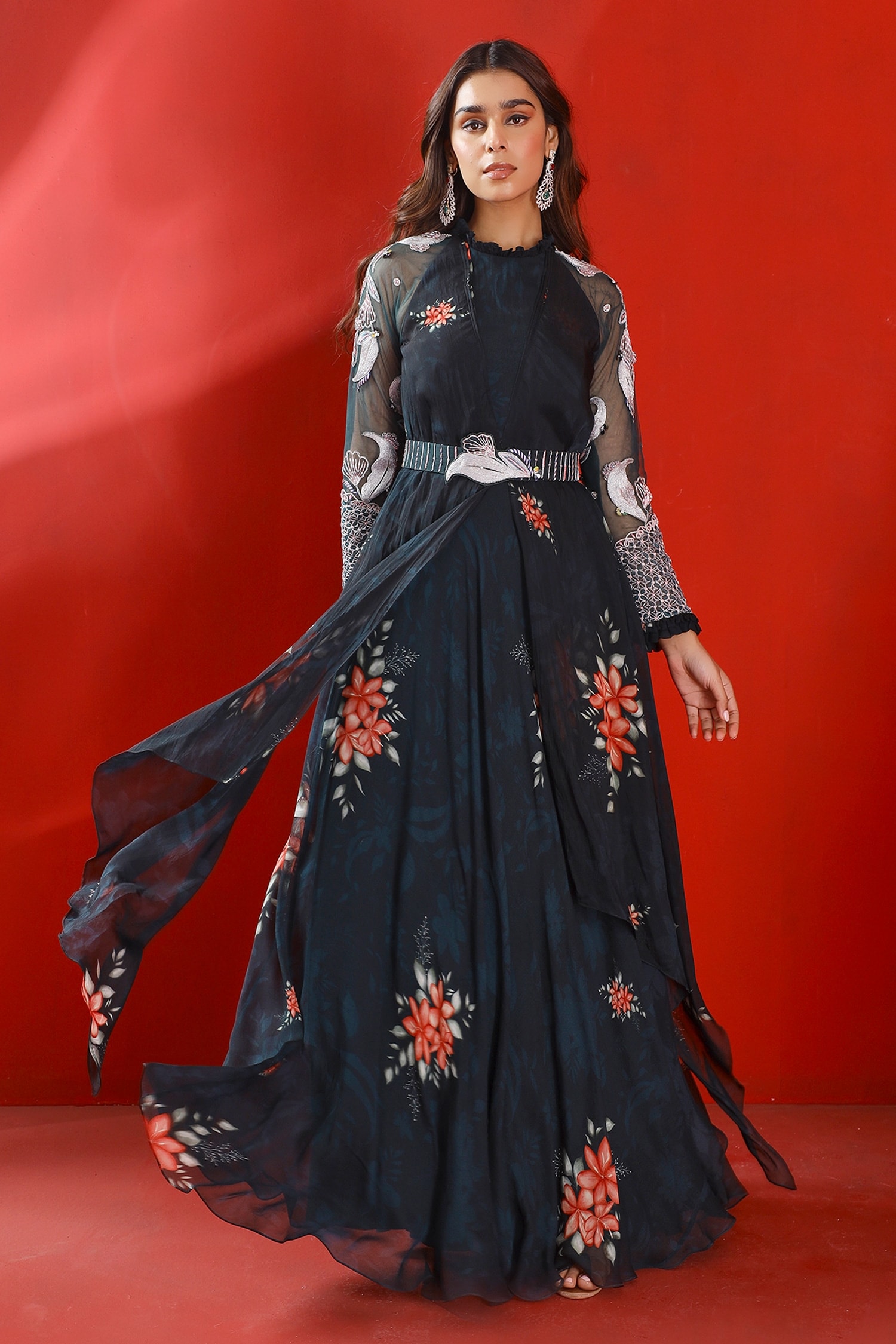 Buy Green Organza Printed Floral Round Layered Gown With Belt For Women