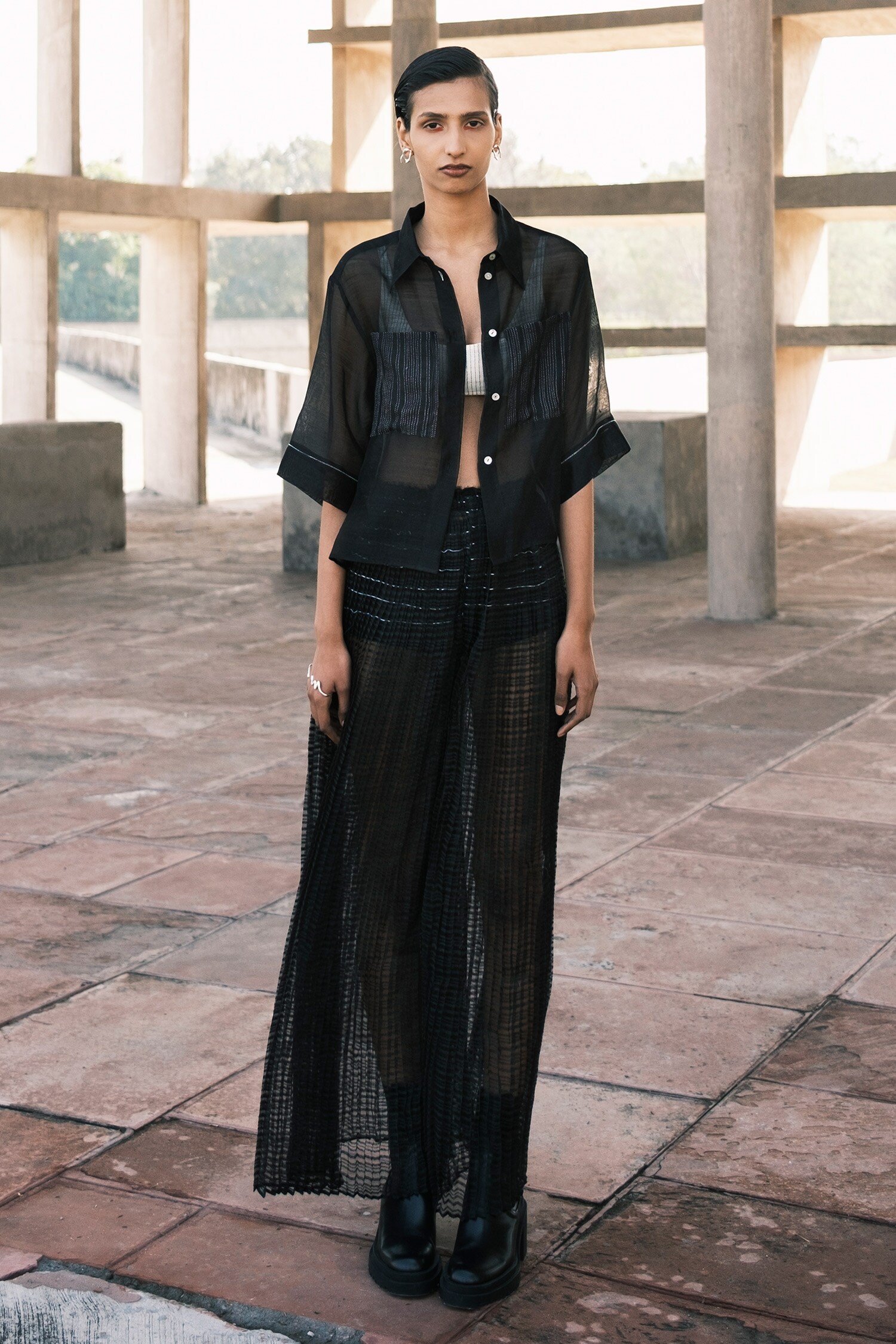 Urvashi Kaur Black Chanderi Cotton Silk Ola Pleated Wide Pant