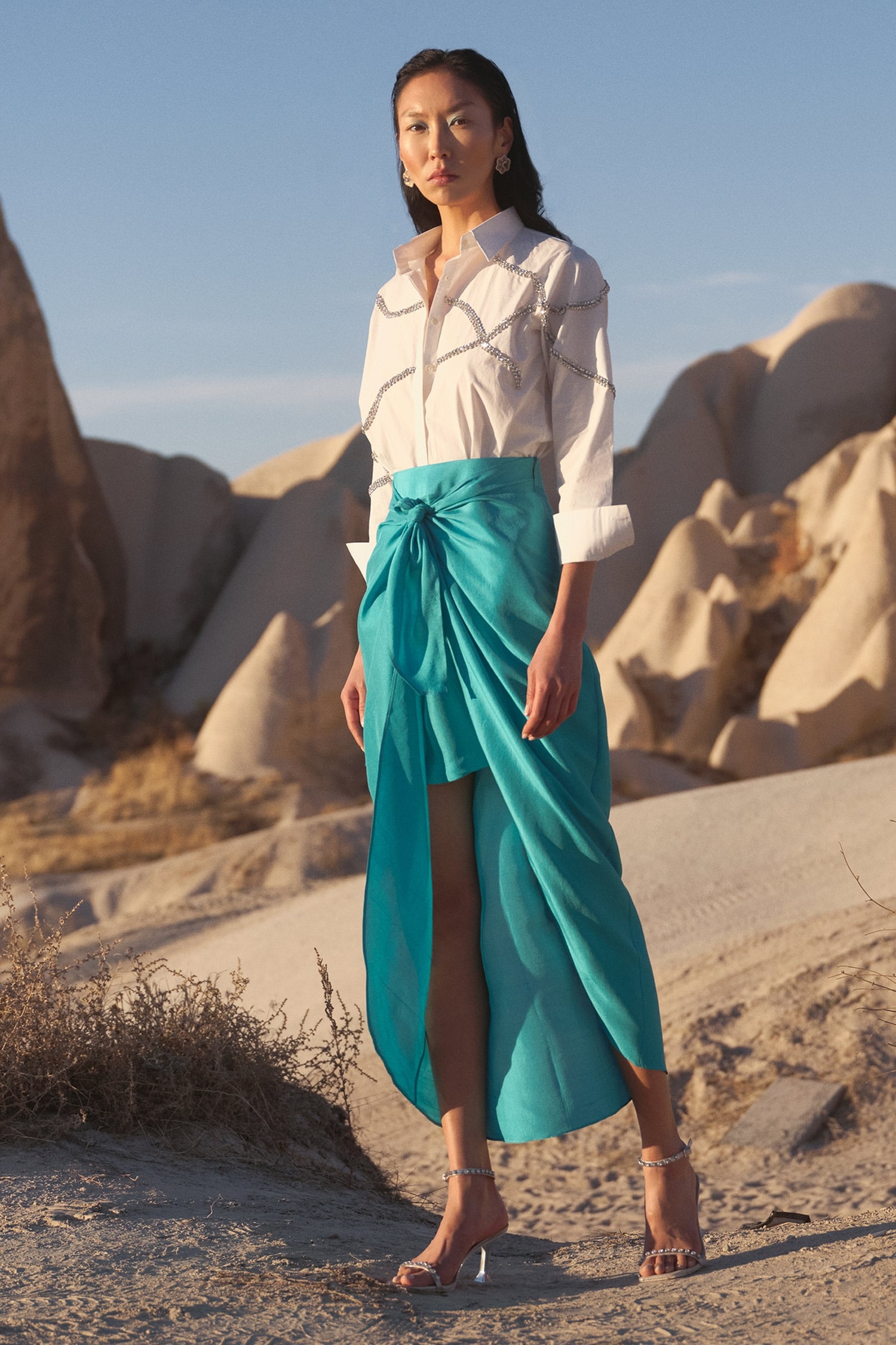 Buy Blue Pure Silk Plain Tulip Skirt For Women by Twinkle Hanspal