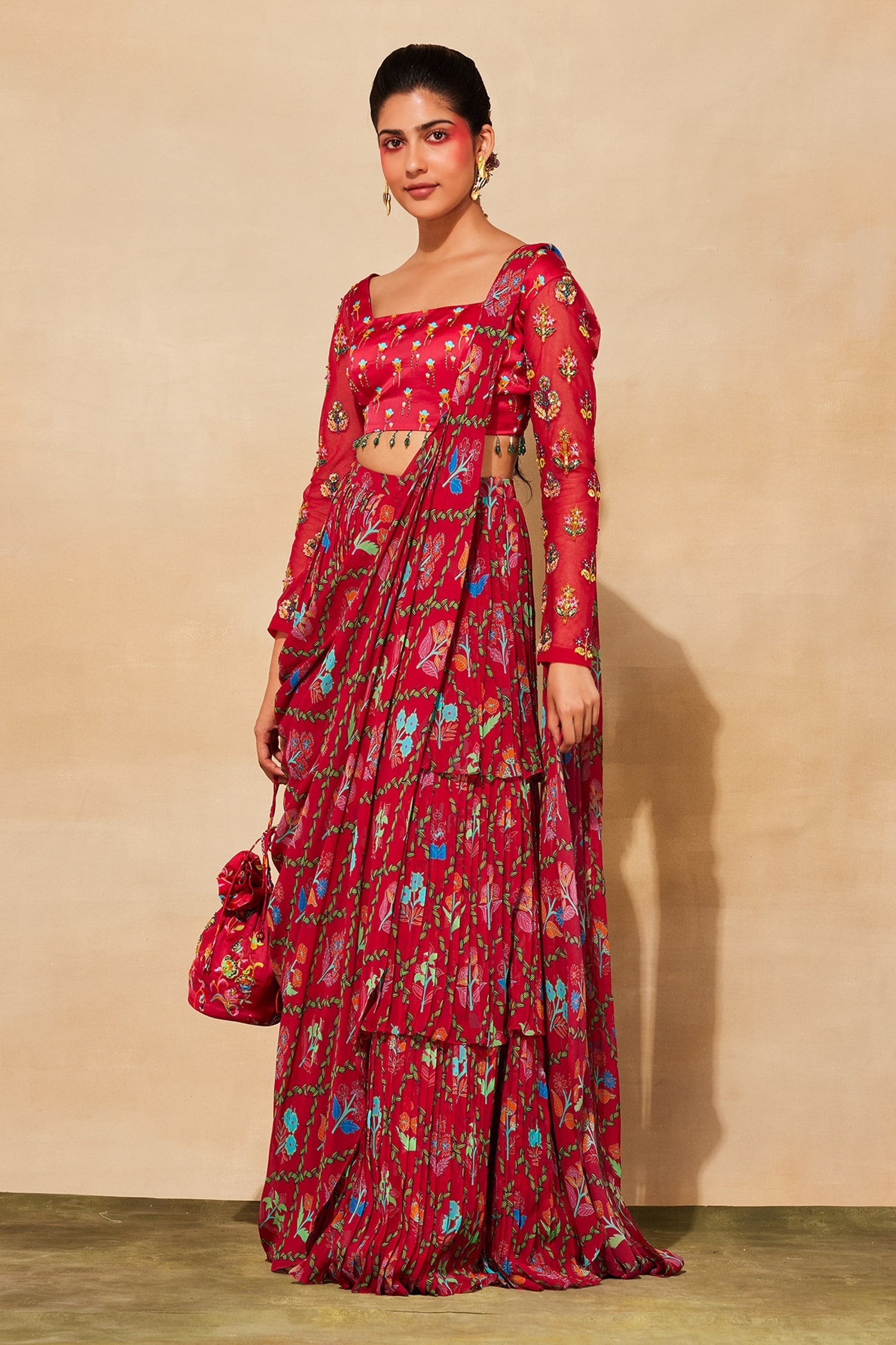 Buy Red Modal Printed Scoop Neck Layered Skirt Saree With Blouse For