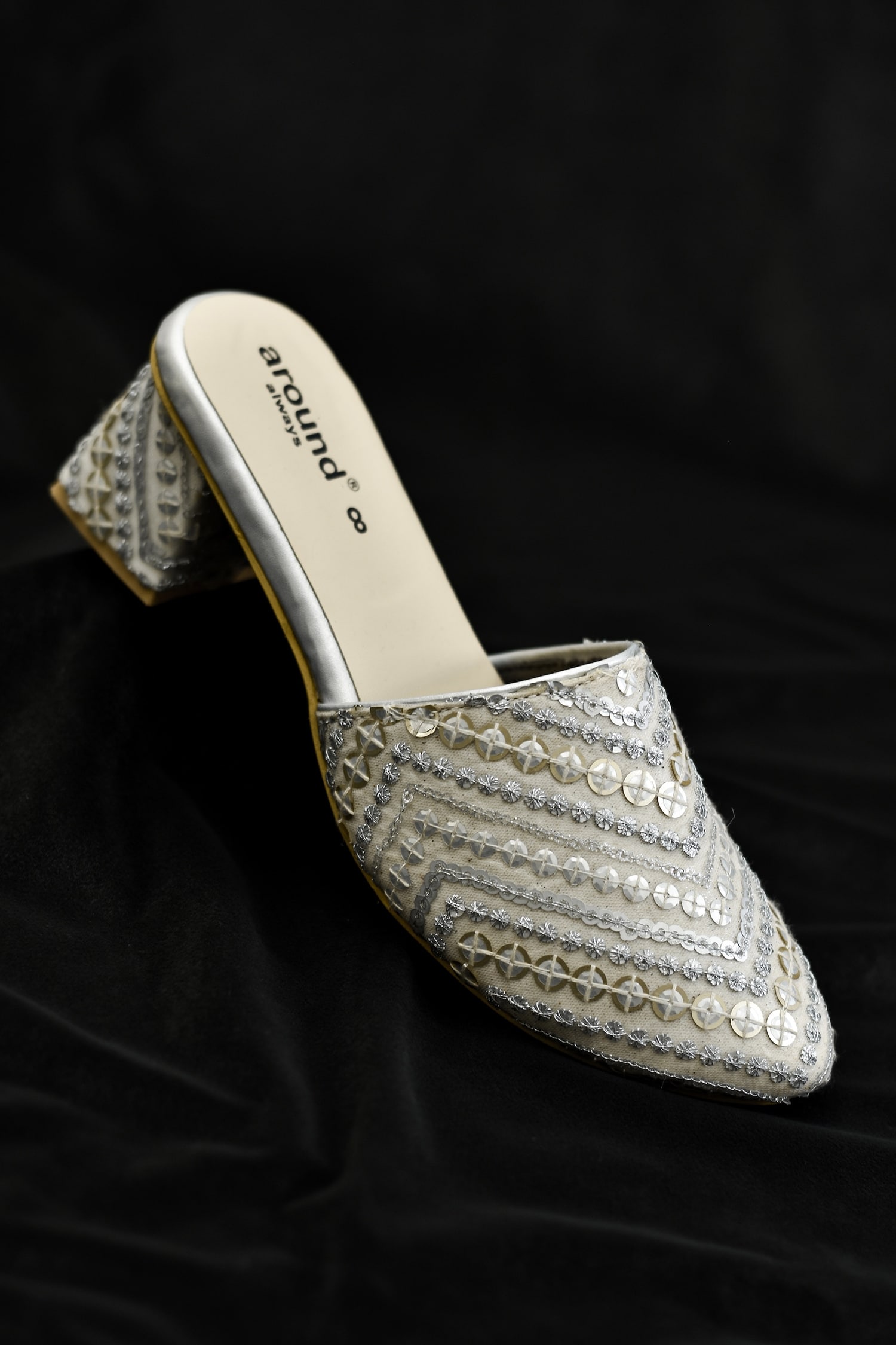 Buy Around Always Silver Poly Silk Nilofer Sequin Embroidered Mules