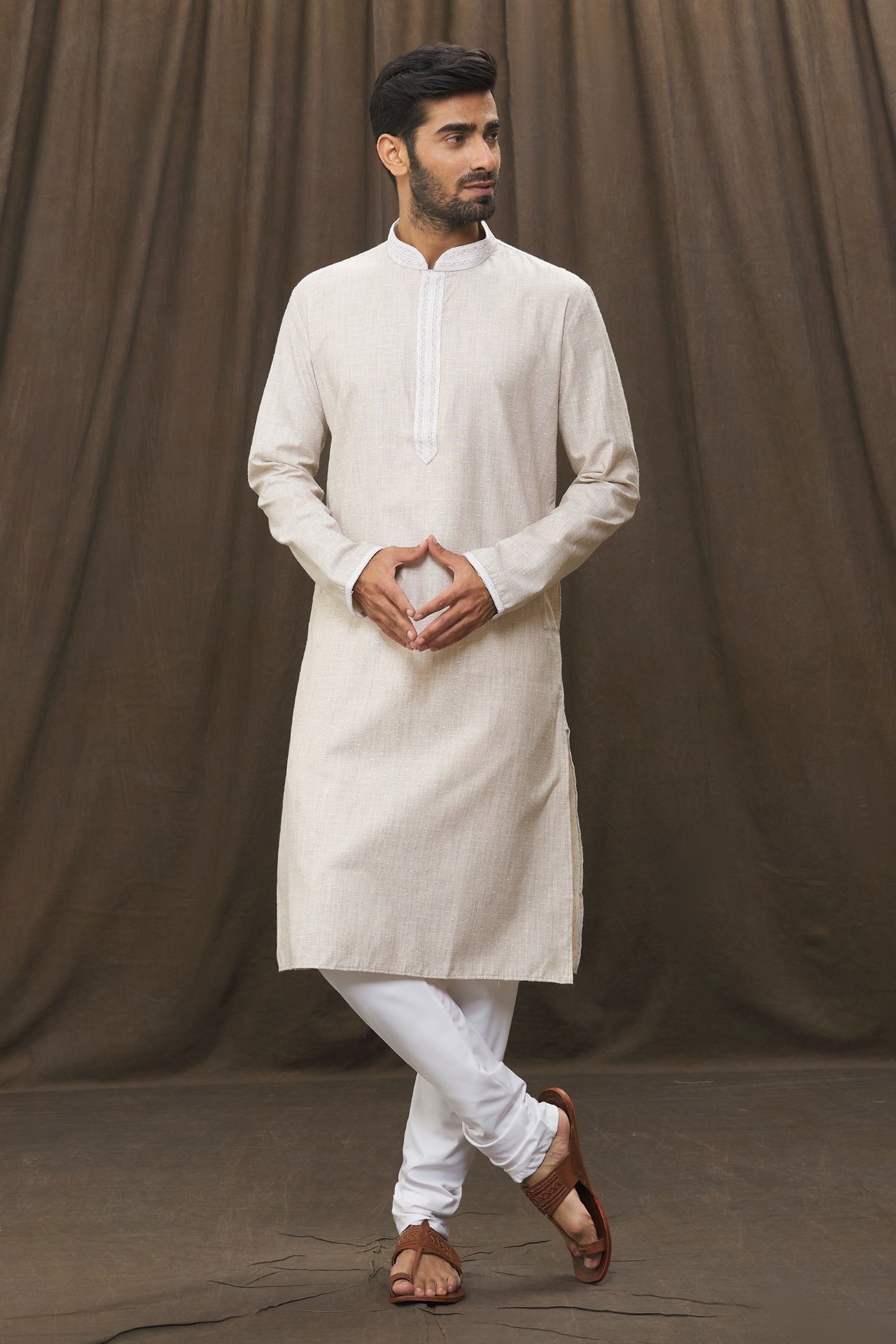 Buy Cream Kurta Poly Cotton Plain Set For Men By Samyukta Singhania