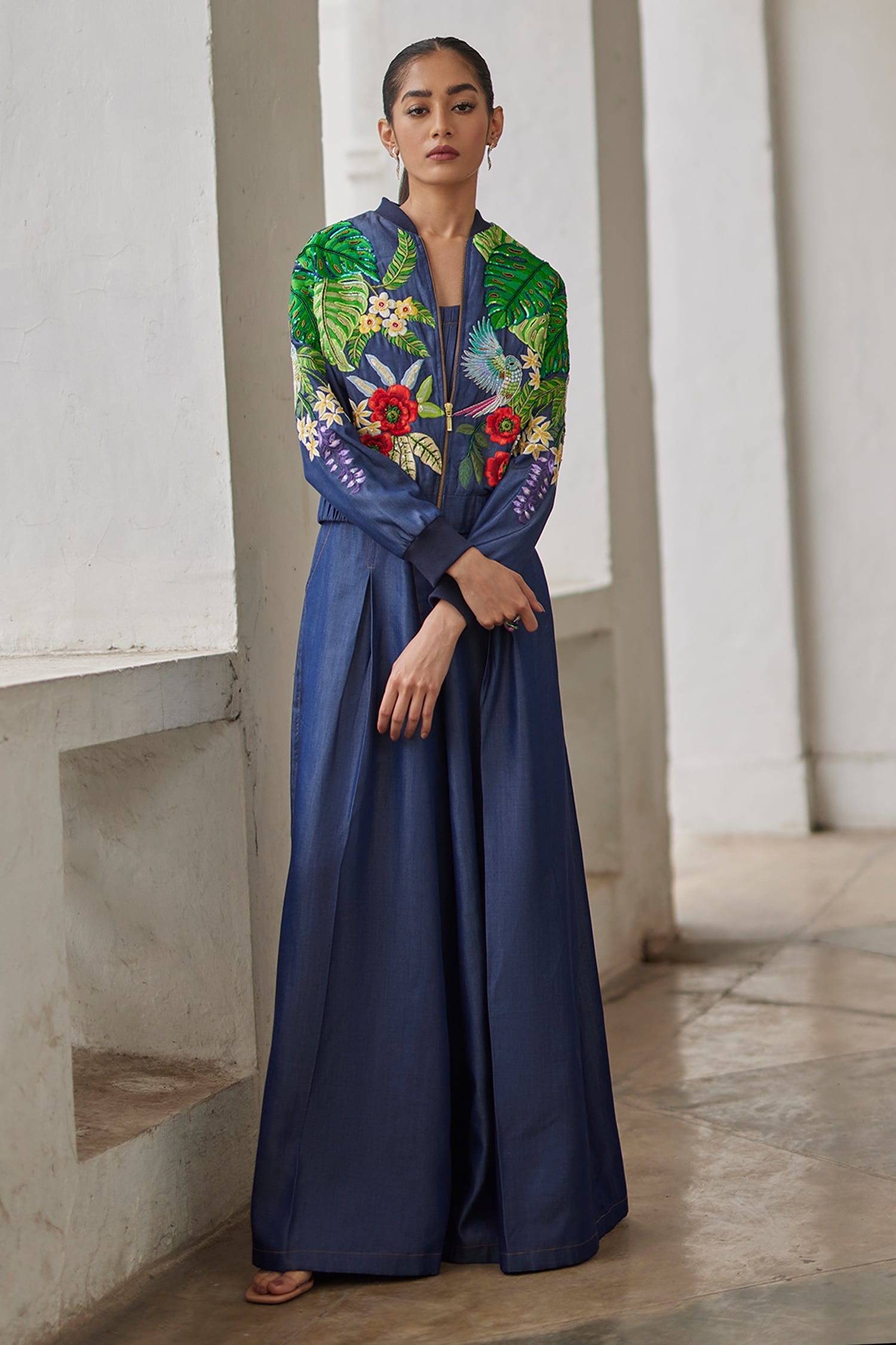 Buy Blue Denim Tencel Embroidered Floral Band Tropical Forest Jacket For  Women by Betrue Online at Aza Fashions.