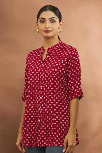 Orange Bandhani Rayon A-line Shirt Style Top