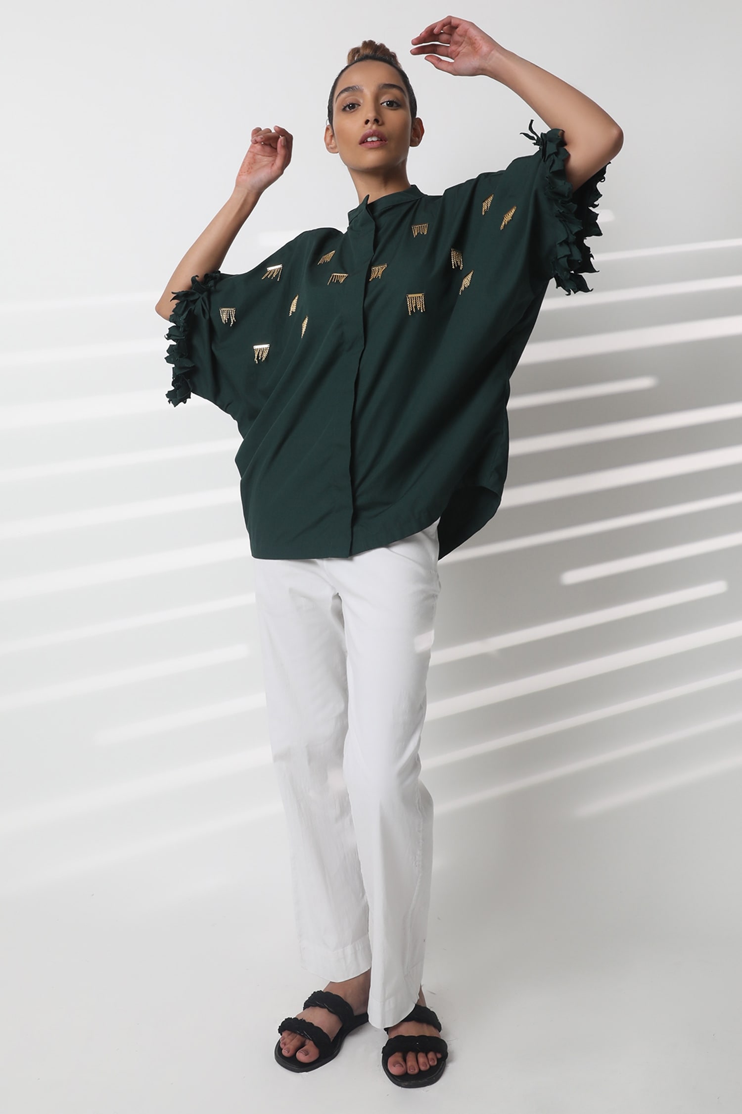 Buy Green 100 Cotton Woven And Embellished 3d Sway Work & Kimono Shirt