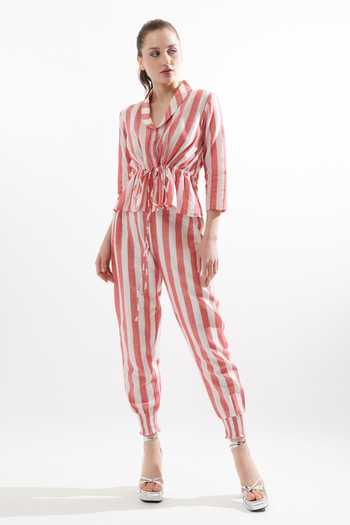 Buy Red Cotton Striped Shawl Collar Stin Shirt And Pant Set For Women