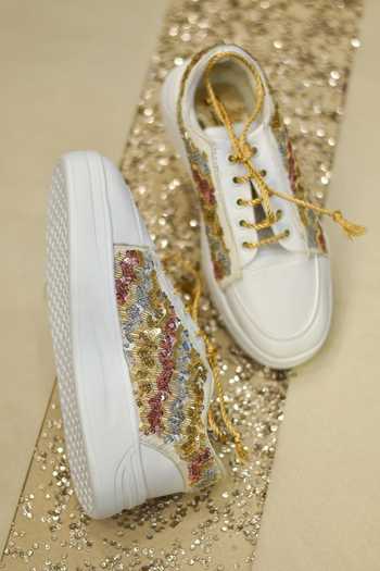 Round Toe Gold Sequin Embellished Lace-Up Sneakers