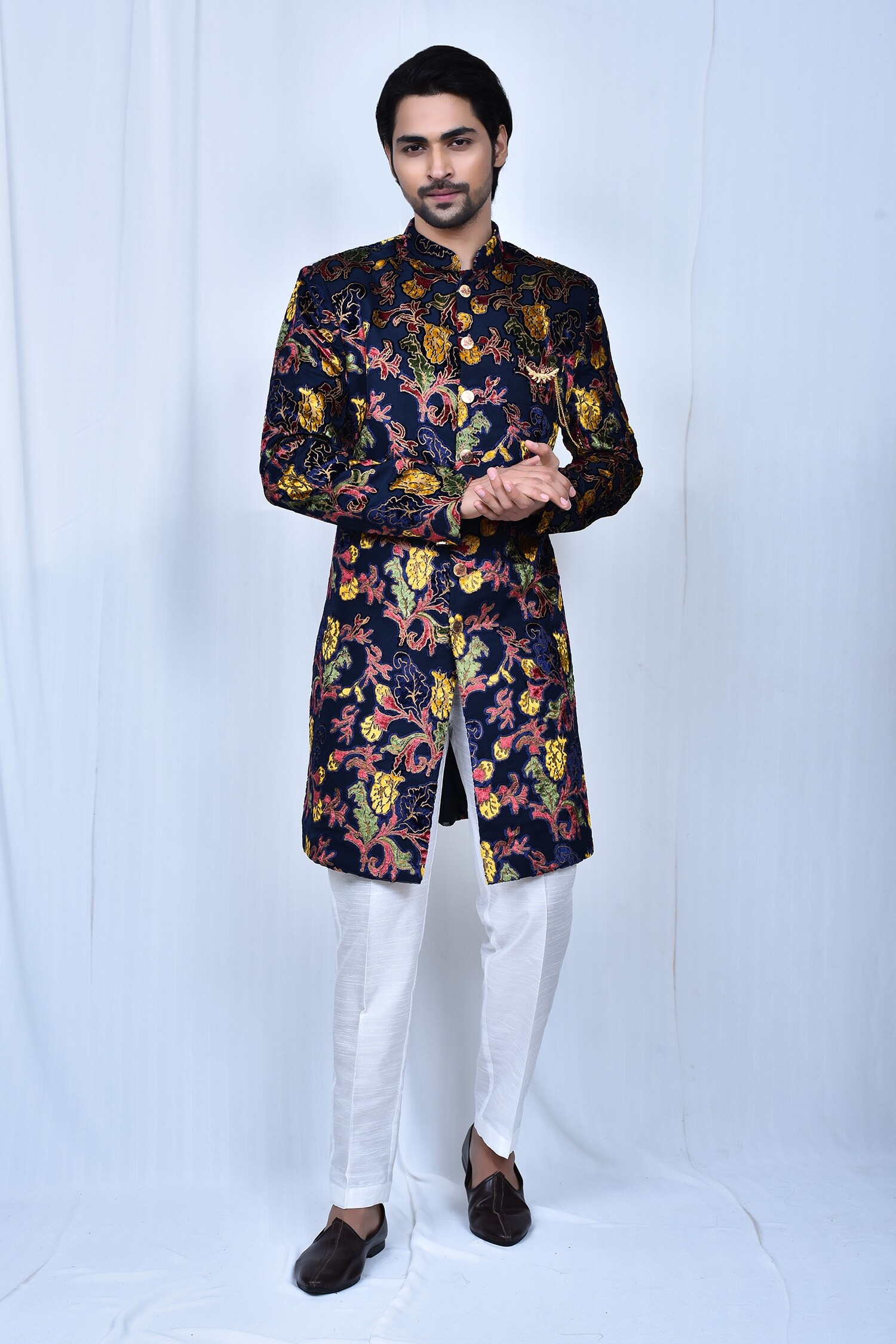 Buy Nazaakat by Samara Singh Blue Based Self Embossed Mandarin Collar Sherwani Set