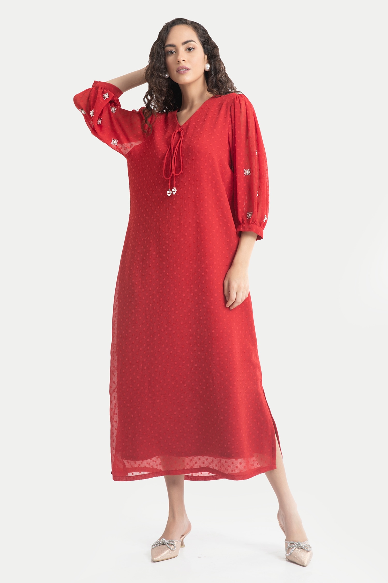 Buy Red Chiffon Dobby Embellishment Aari Work V Neck Rosie Maxi Dress ...