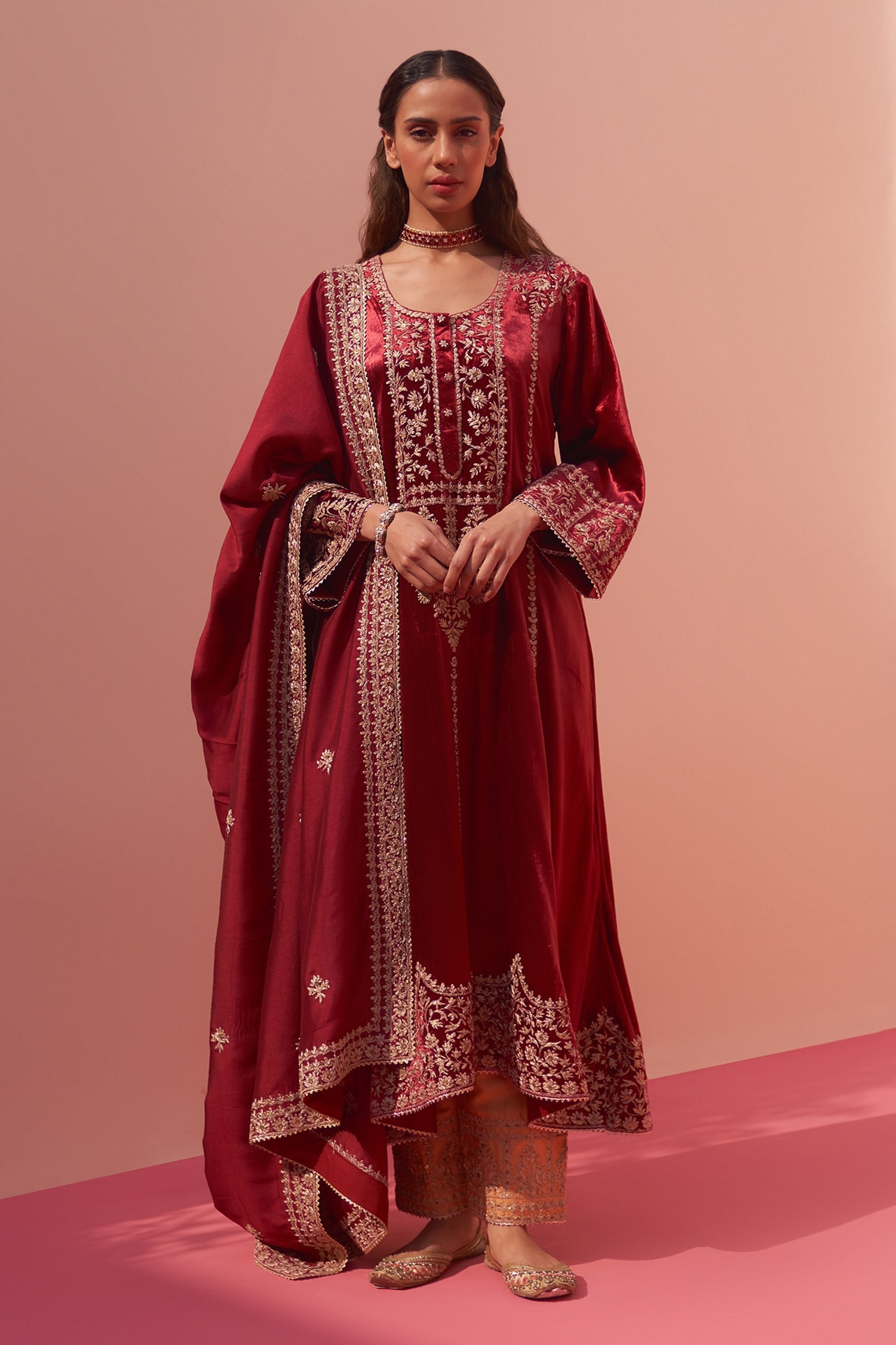 Buy Maroon Velvet Embroidered Floral U Neck Choga Salwar Set For Women by  Angad Singh Online at Aza Fashions.
