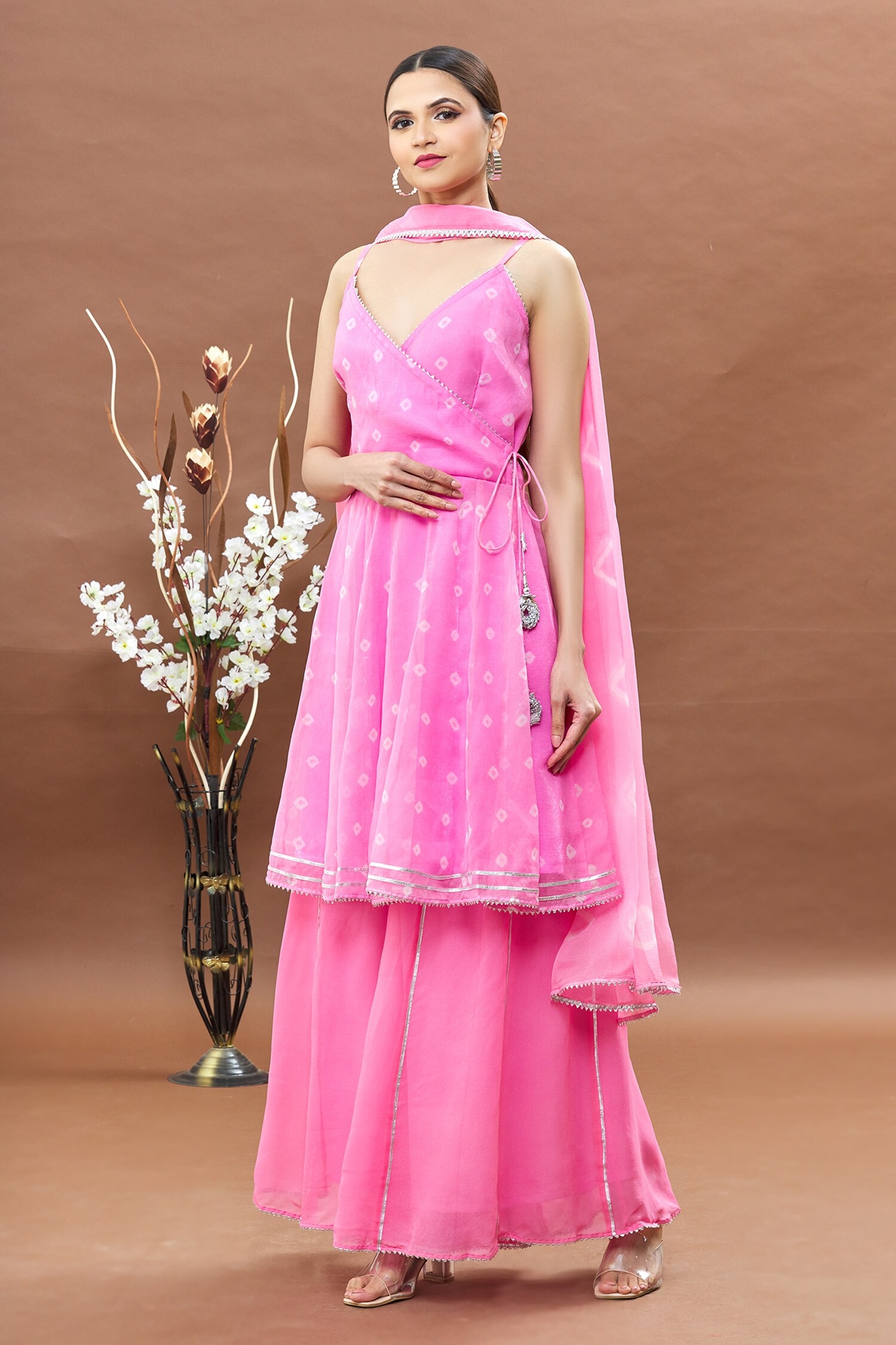 Buy Khwaab by Sanjana Lakhani Pink Kurta Bandhani Angarkha Sharara Set ...