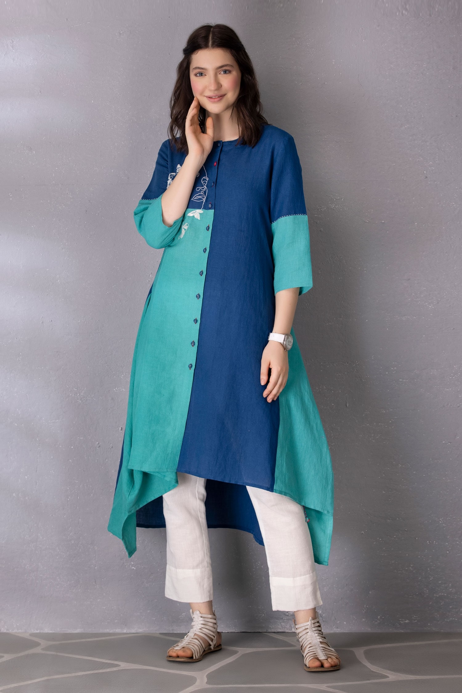 Buy Blue Cotton Linen Embroidered Placed Face Pattern Tunic And Pant