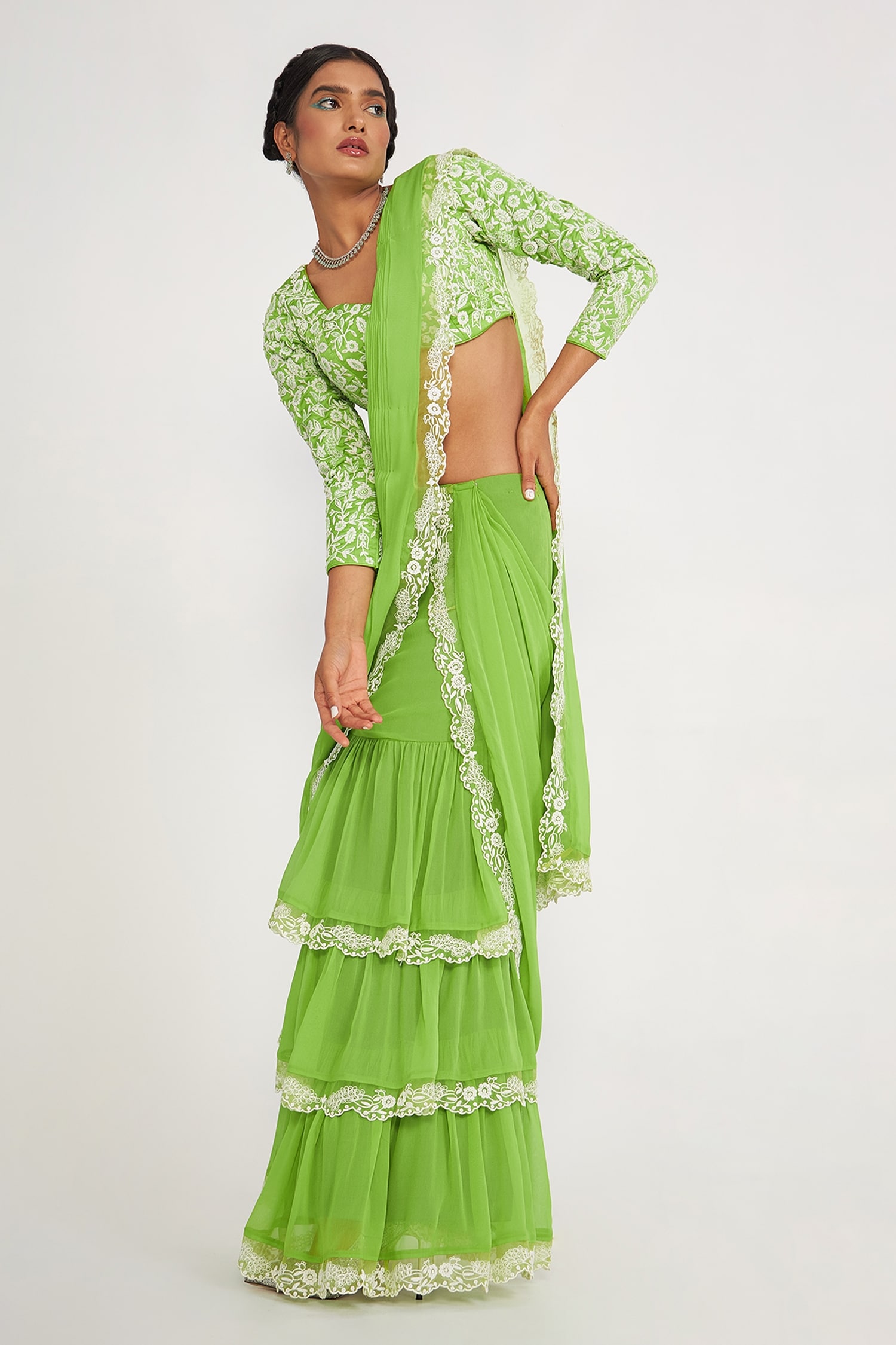 Buy Green Silk Embroidery Floral Sweetheart Pre-draped Tiered Saree Set ...