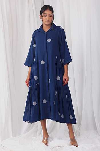 Akriti Blue Handwoven Extra-Weft V neck Dress main image 1