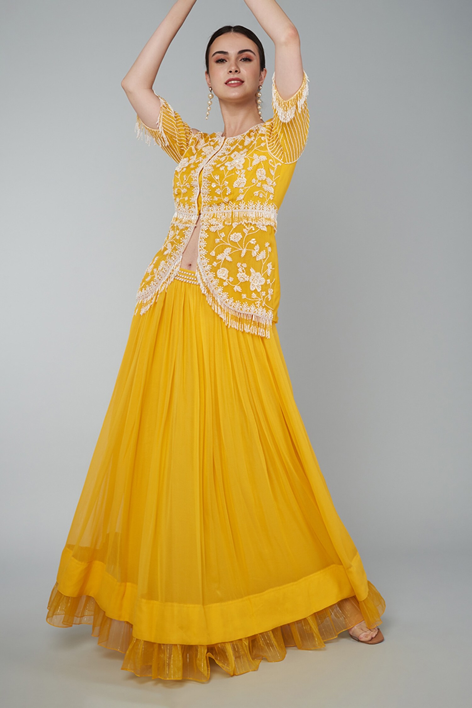 Keith Gomes - Yellow Georgette Embroidered Beads Round Peplum Top And Skirt  Set For Women