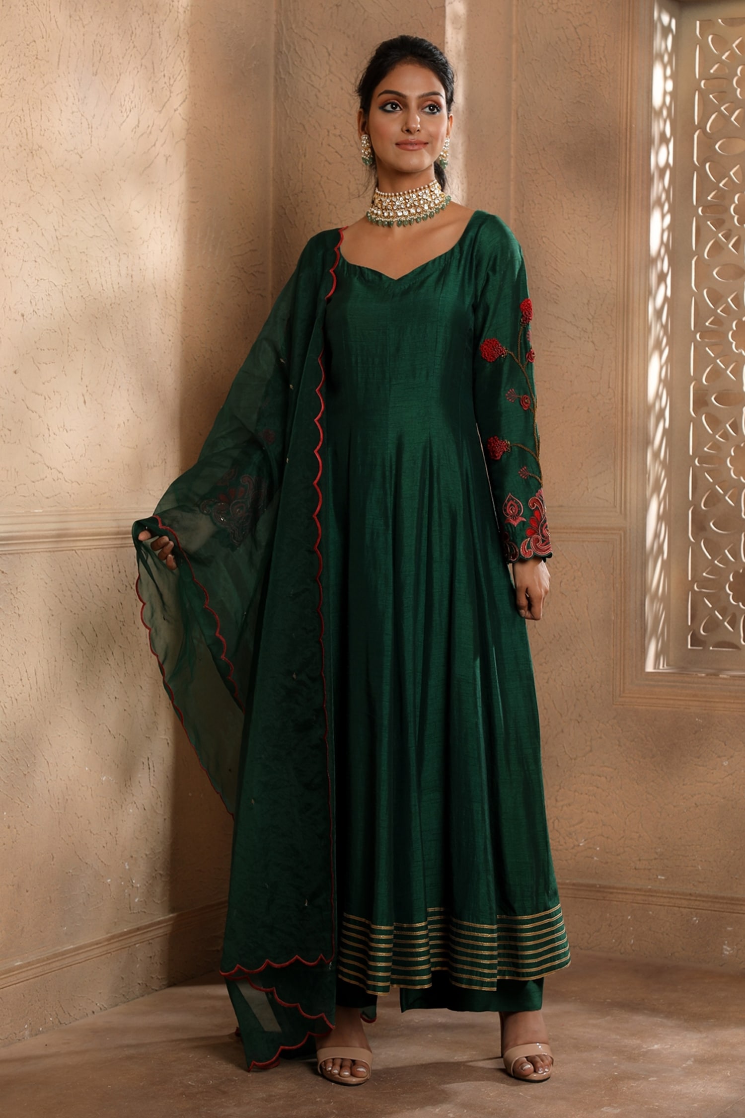OMANA BY RANJANA BOTHRA Emerald Green Anarkali And Trouser - Bamber Raw Silk Bagh Sleeve Set For Women