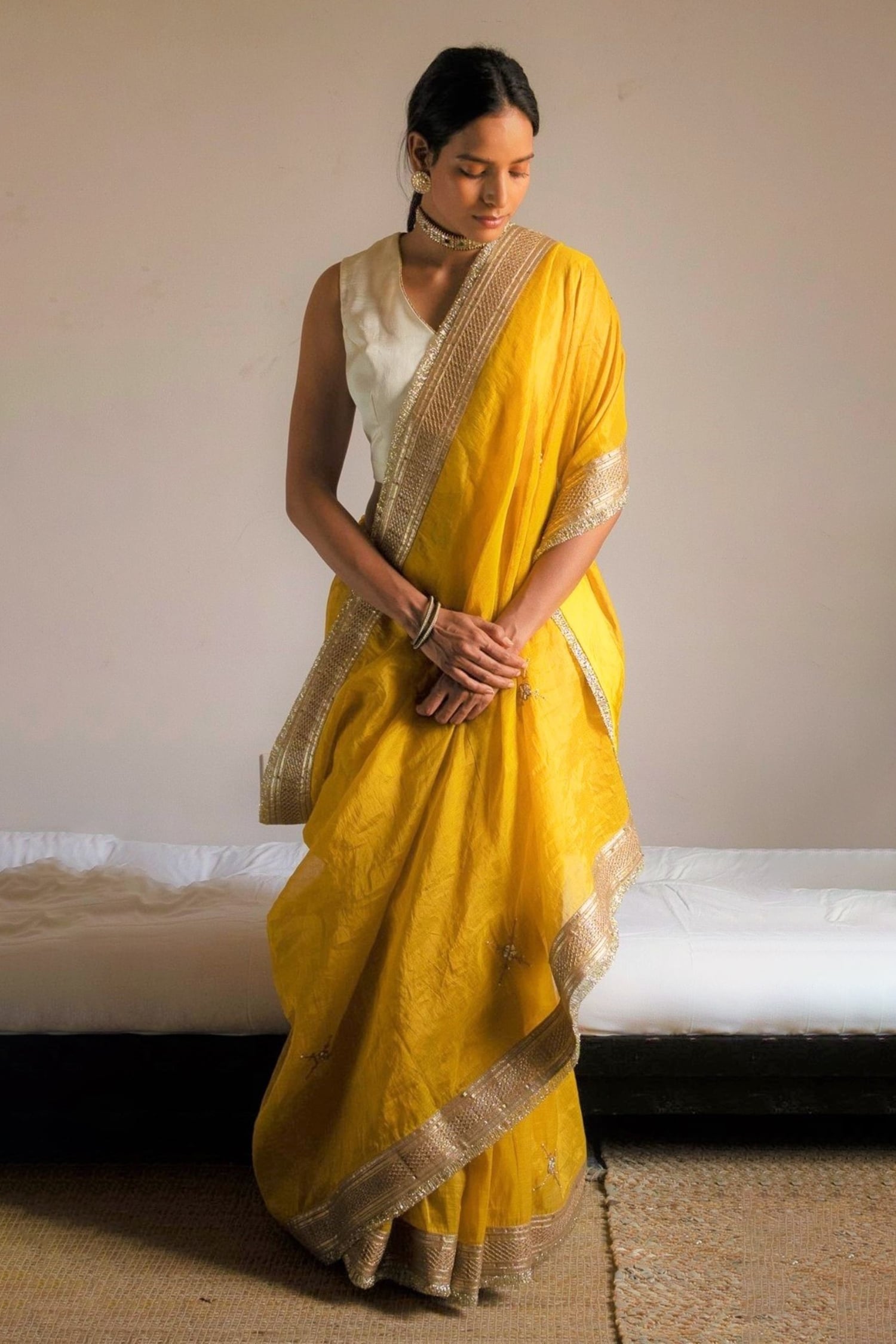 Shorshe Clothing Yellow Handloom Tissue Hand Embroidered And Embellished Pearl Saree For Women