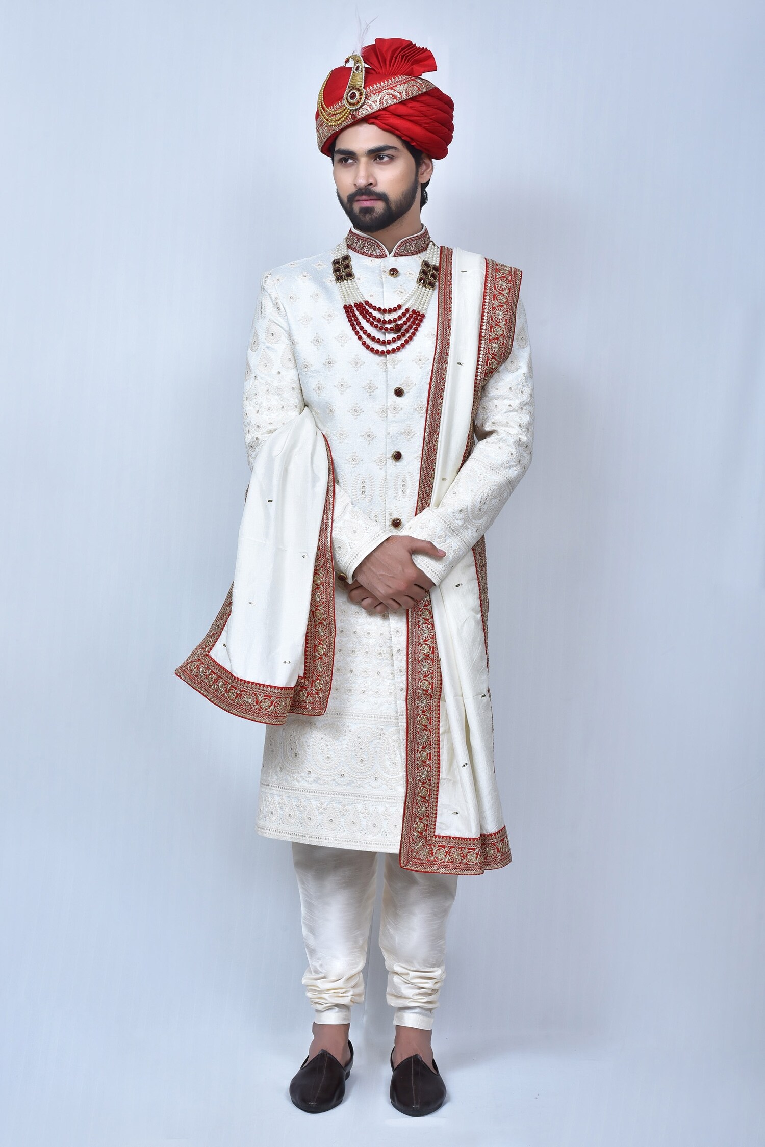 Buy Cream Art Silk Embroidery Thread Paisley Sherwani Set For Men by