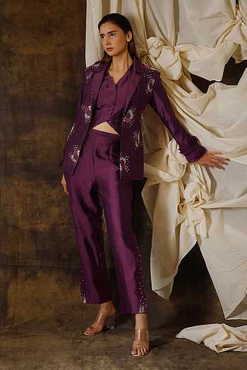 Buy Wine Silk Chanderi Embroidered Pearls Cape Hand Jacket And Pant Set ...