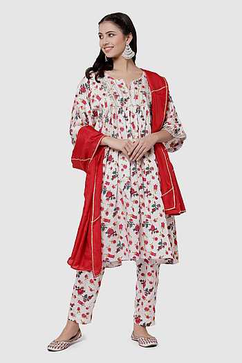 White Printed bell sleeve Kurta and Coral Palazzo Set