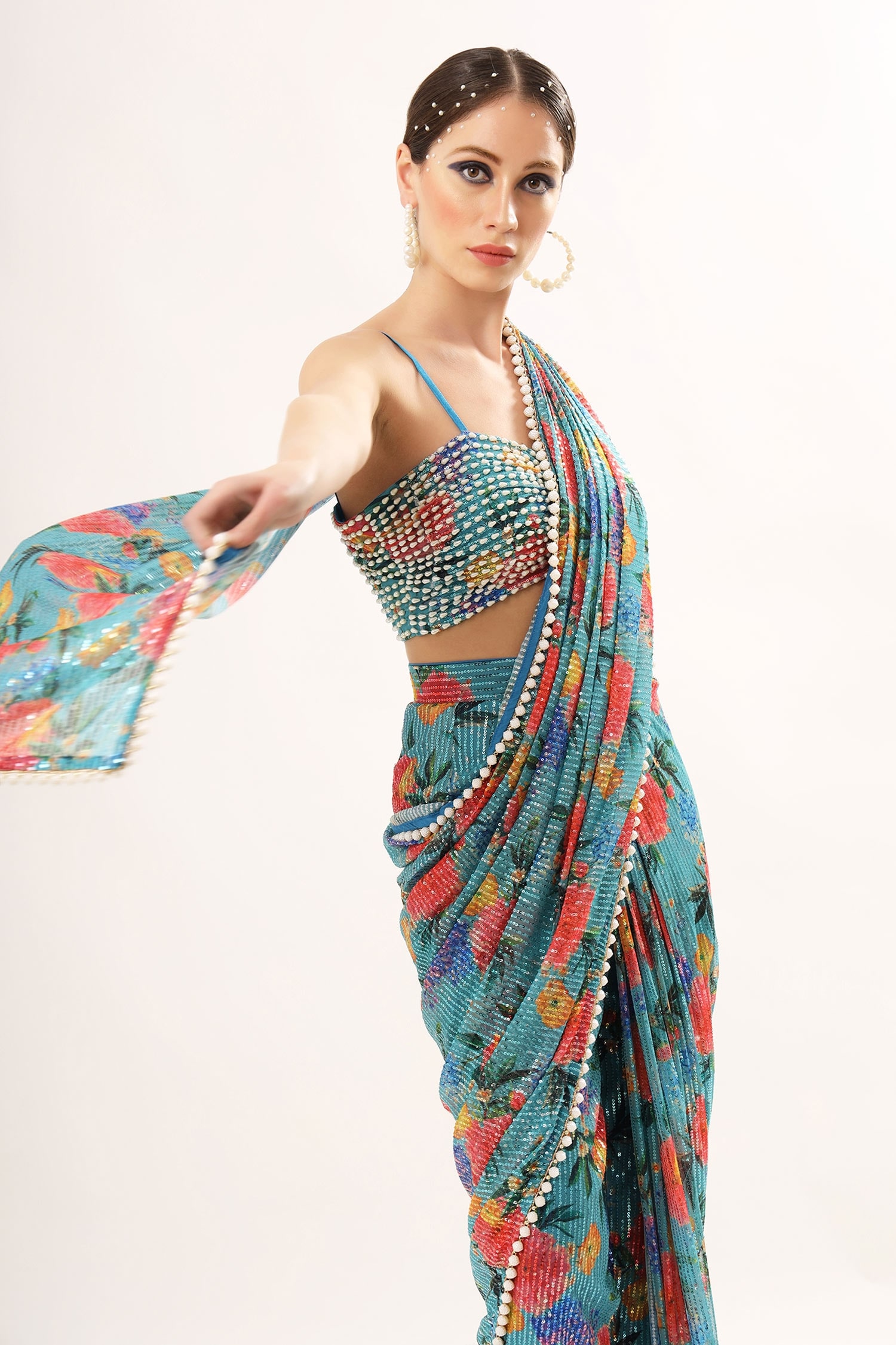 Nitya Bajaj Green Net Floral Print Pant Saree And Blouse Set