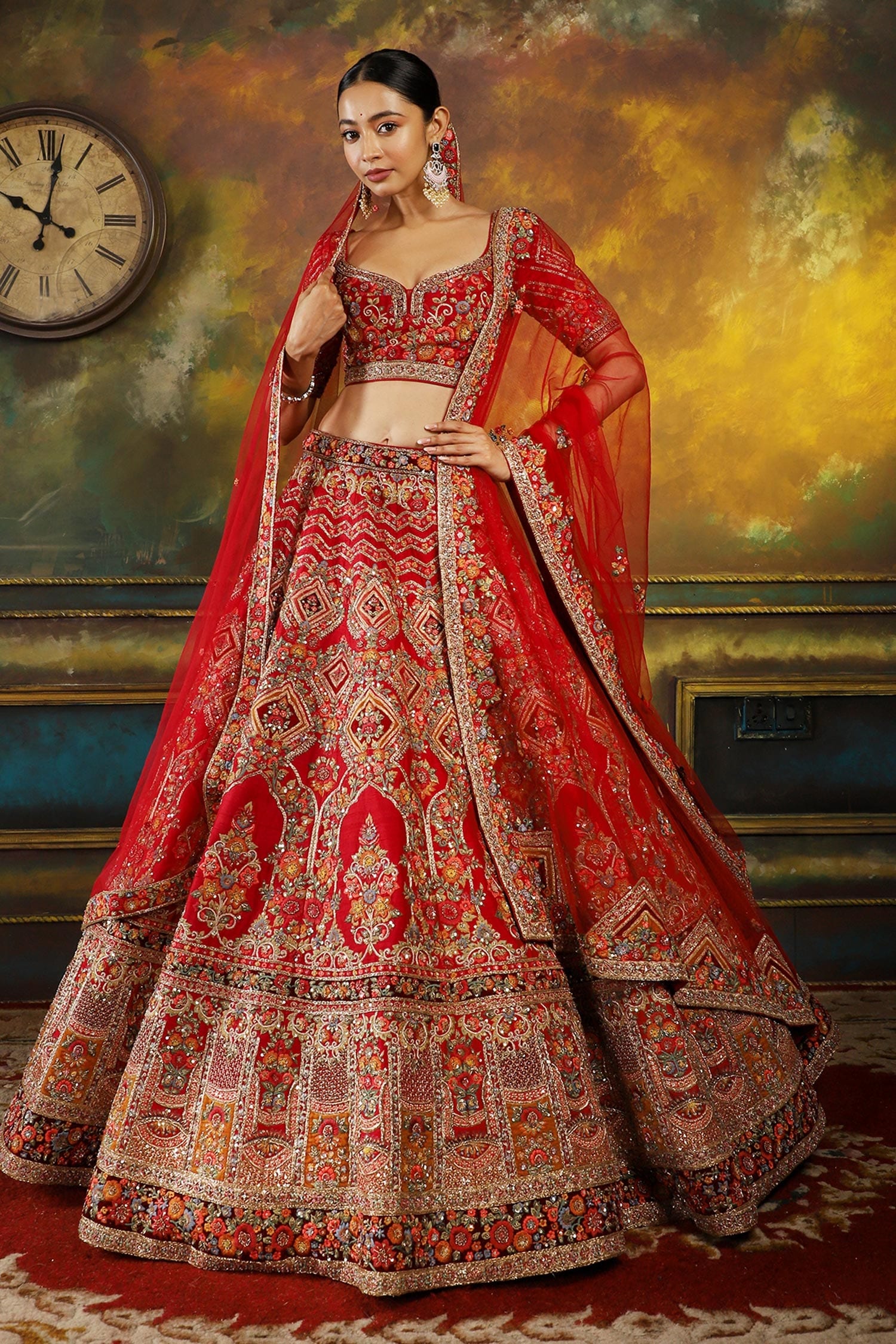 Buy Red Raw Silk Embroidery Resham Leaf Neck Dehli Kali Bridal Lehenga Set For Women By Pallavi 