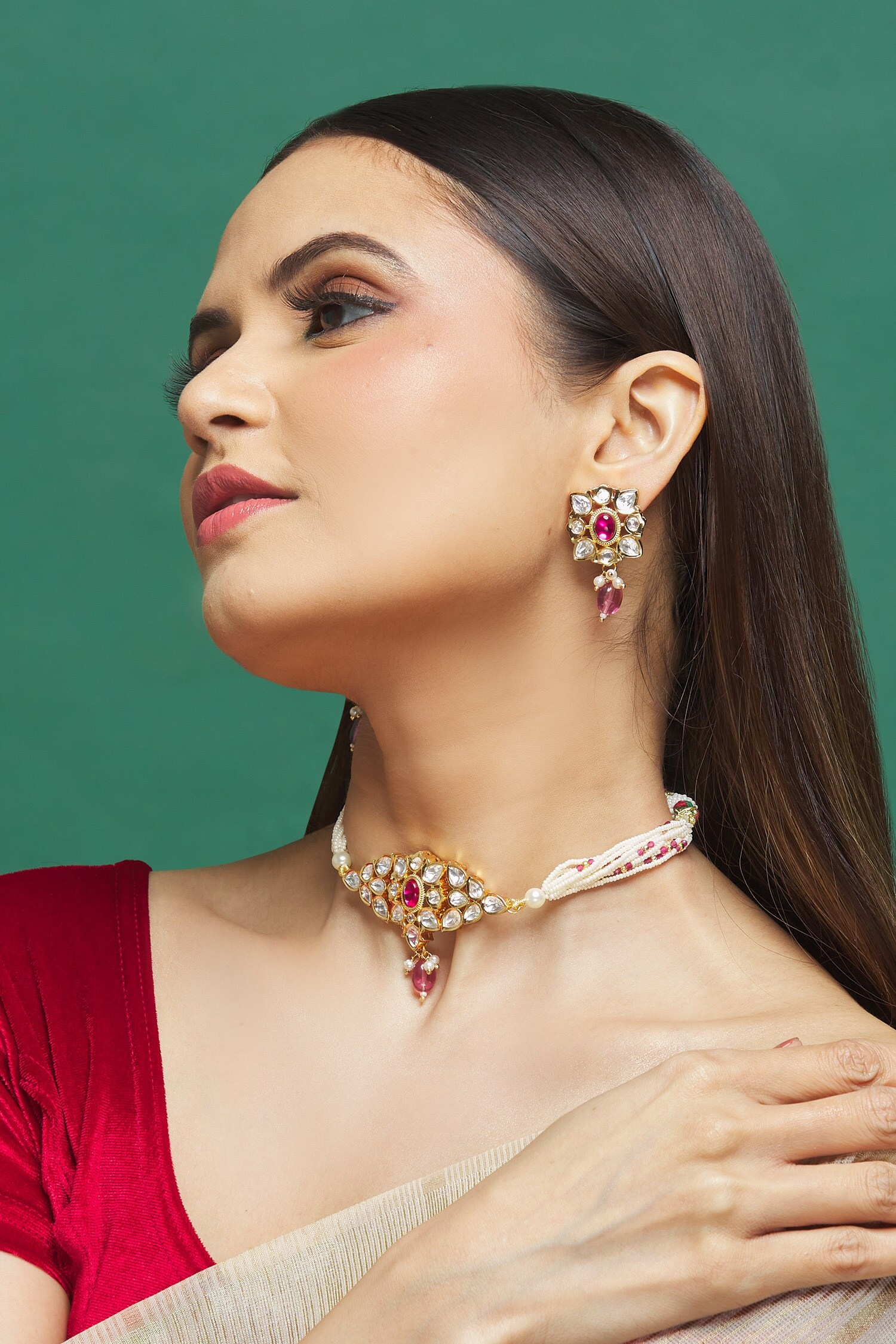 Buy White Kundan Stone Multistrand Choker Set by Our Purple Studio