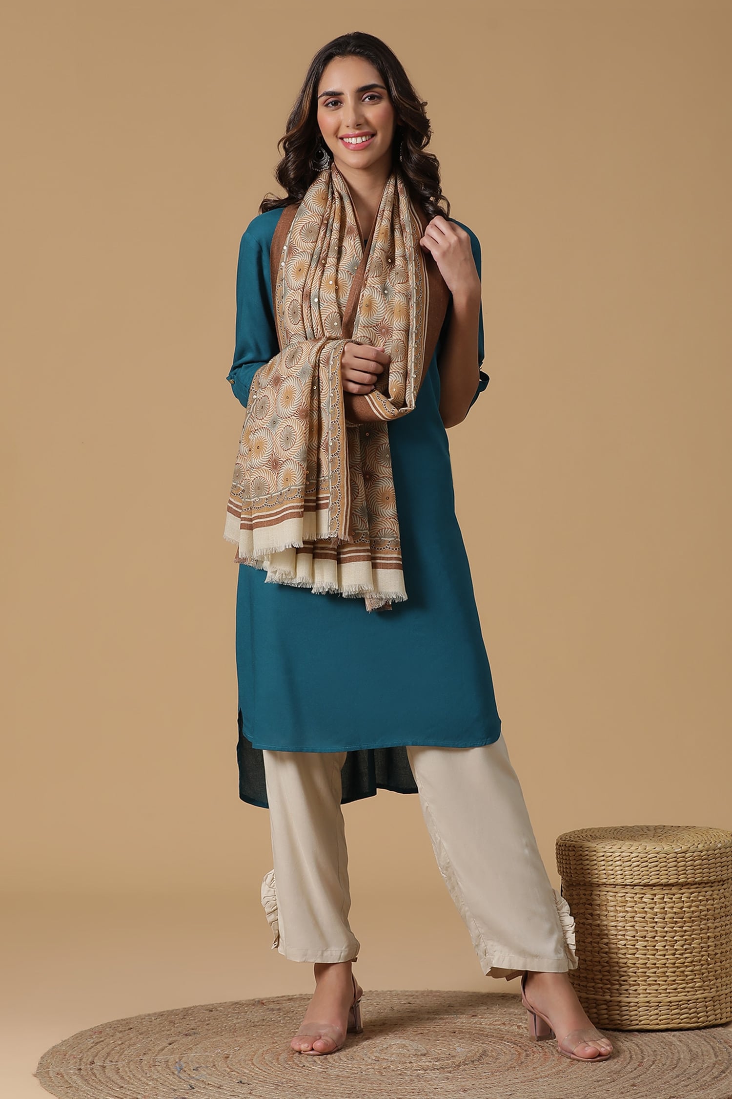 Buy Beige Woven Geometrical Embroidered Pattern Shawl By Shingora 