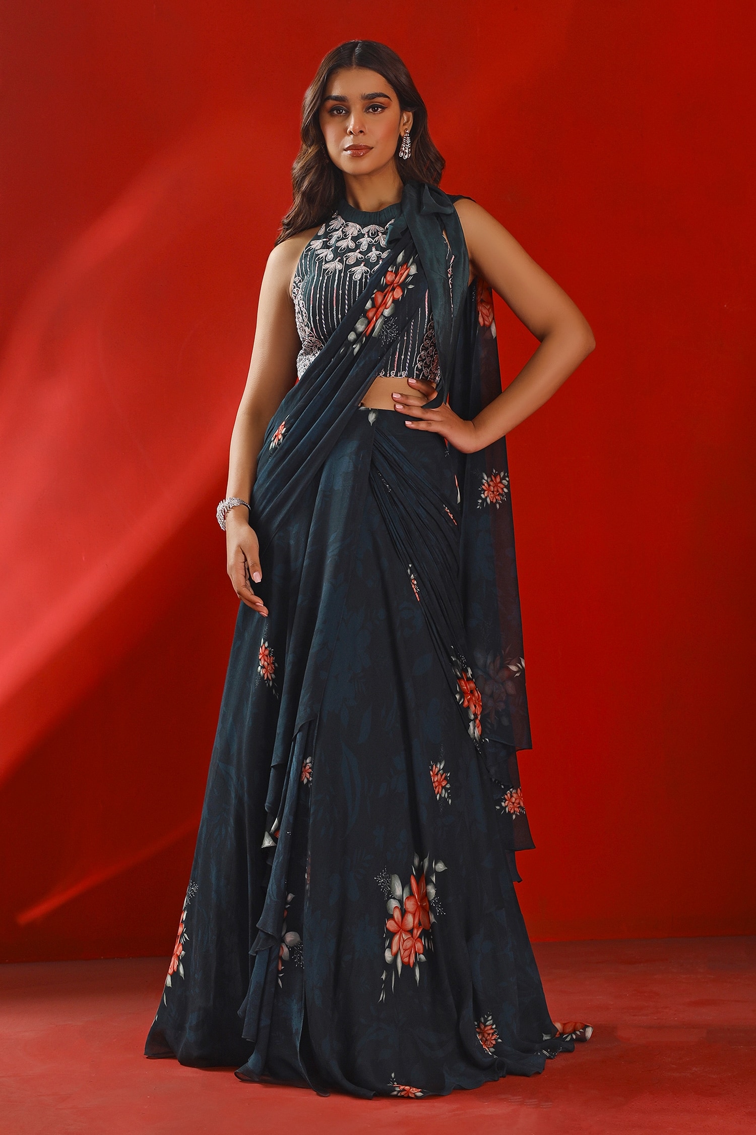 Buy Green Chiffon Printed Floral Georgette Drape Saree With Crop Top ...